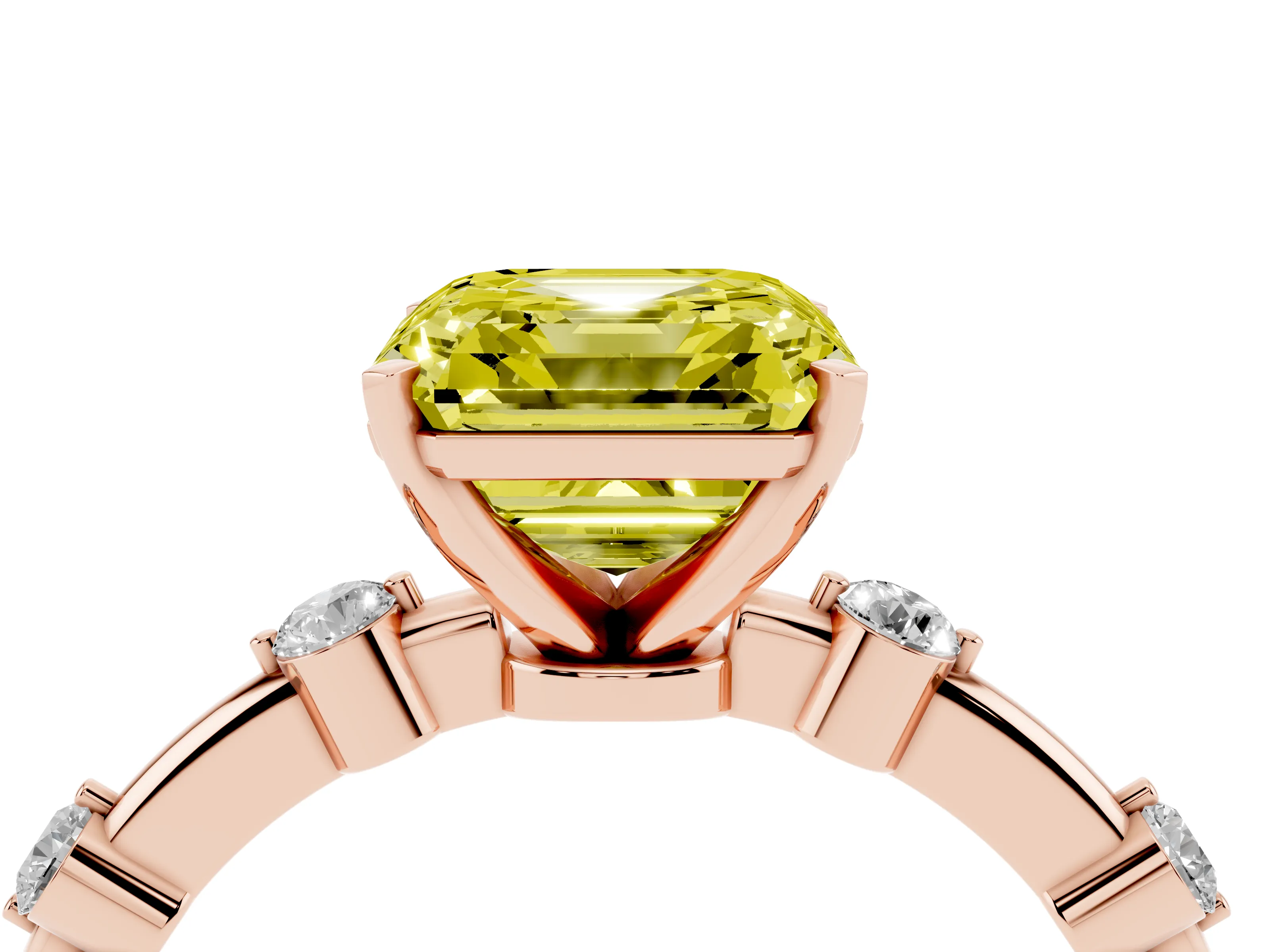 Fancy Yellow Asscher Cut Diamond Solitaire Ring Set in Rose gold with Bezel Set Side Stones and Prong Setting