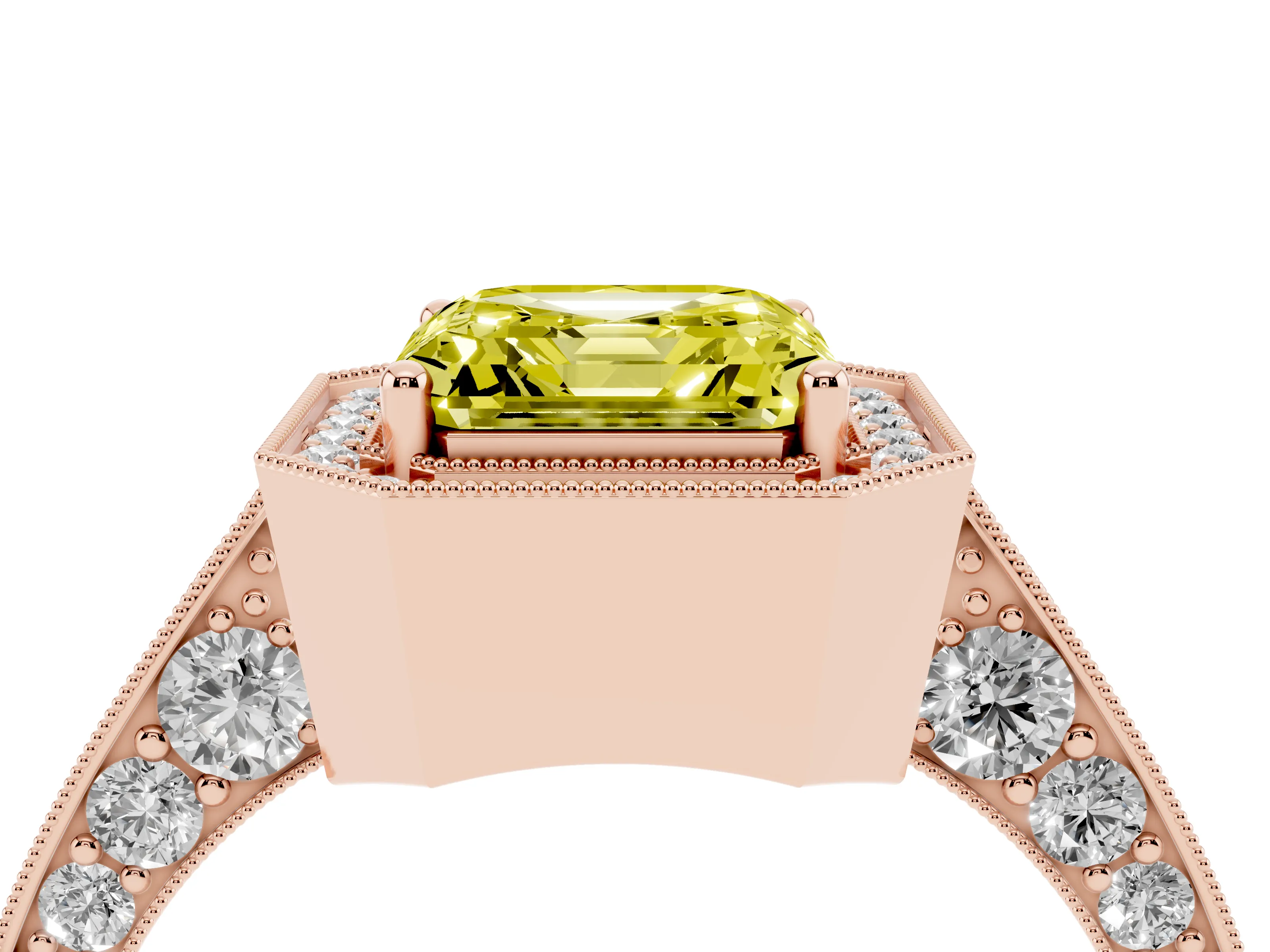 Fancy Yellow Asscher Cut Diamond Halo Engagement Ring Set in Rose gold with Accent Split Shank Band