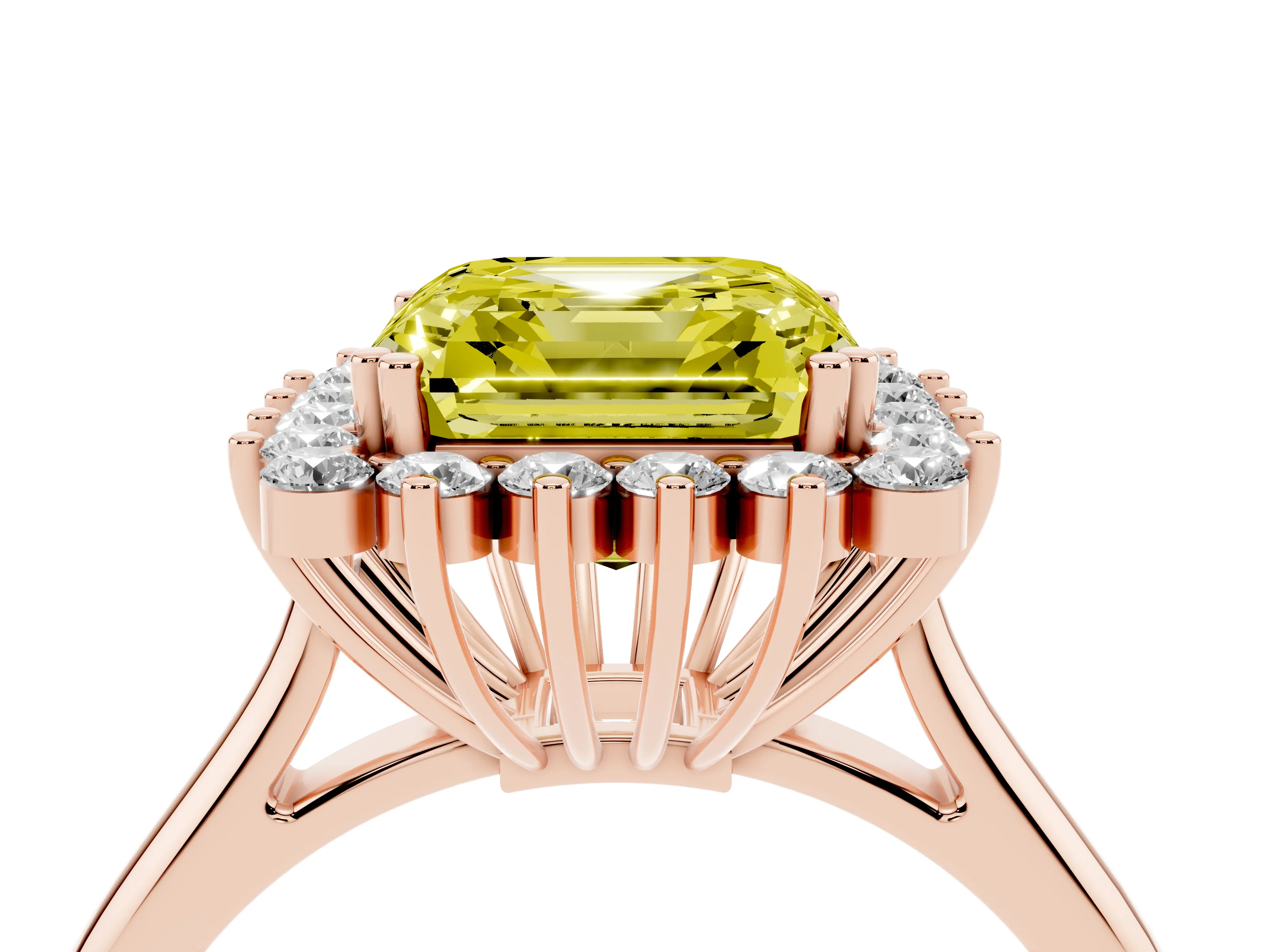 Fancy Yellow Asscher Cut Diamond Halo Ring Set in Rose gold with Plain Solitaire Band and Prong Setting