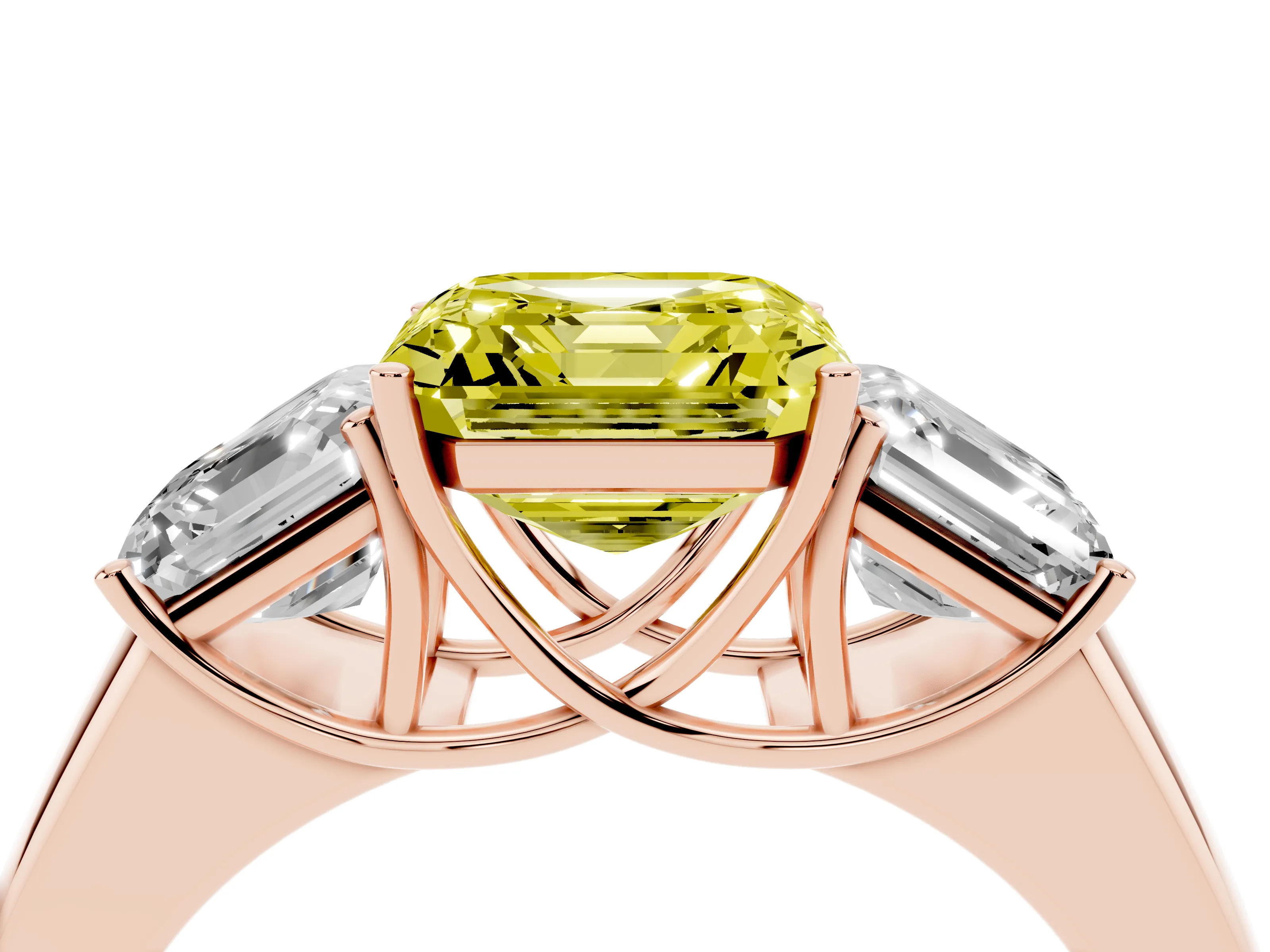 Fancy Yellow Three-Stone Asscher Cut Diamond Ring Set in Rose gold with Matching Prong Settings and Plain Band