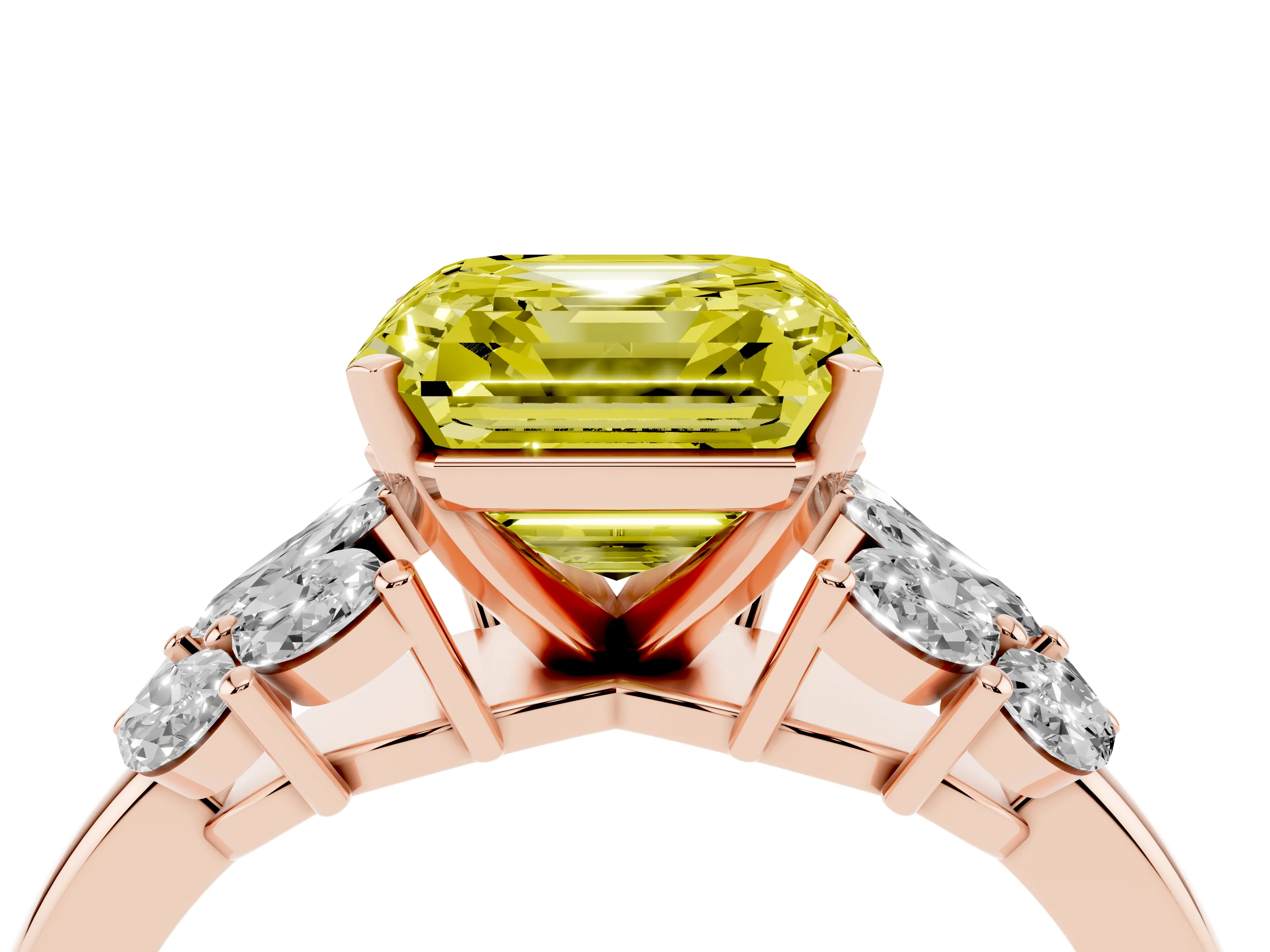 Fancy Yellow Asscher Cut Diamond Cluster Leaf Design Ring Set in Rose gold with Prong Setting