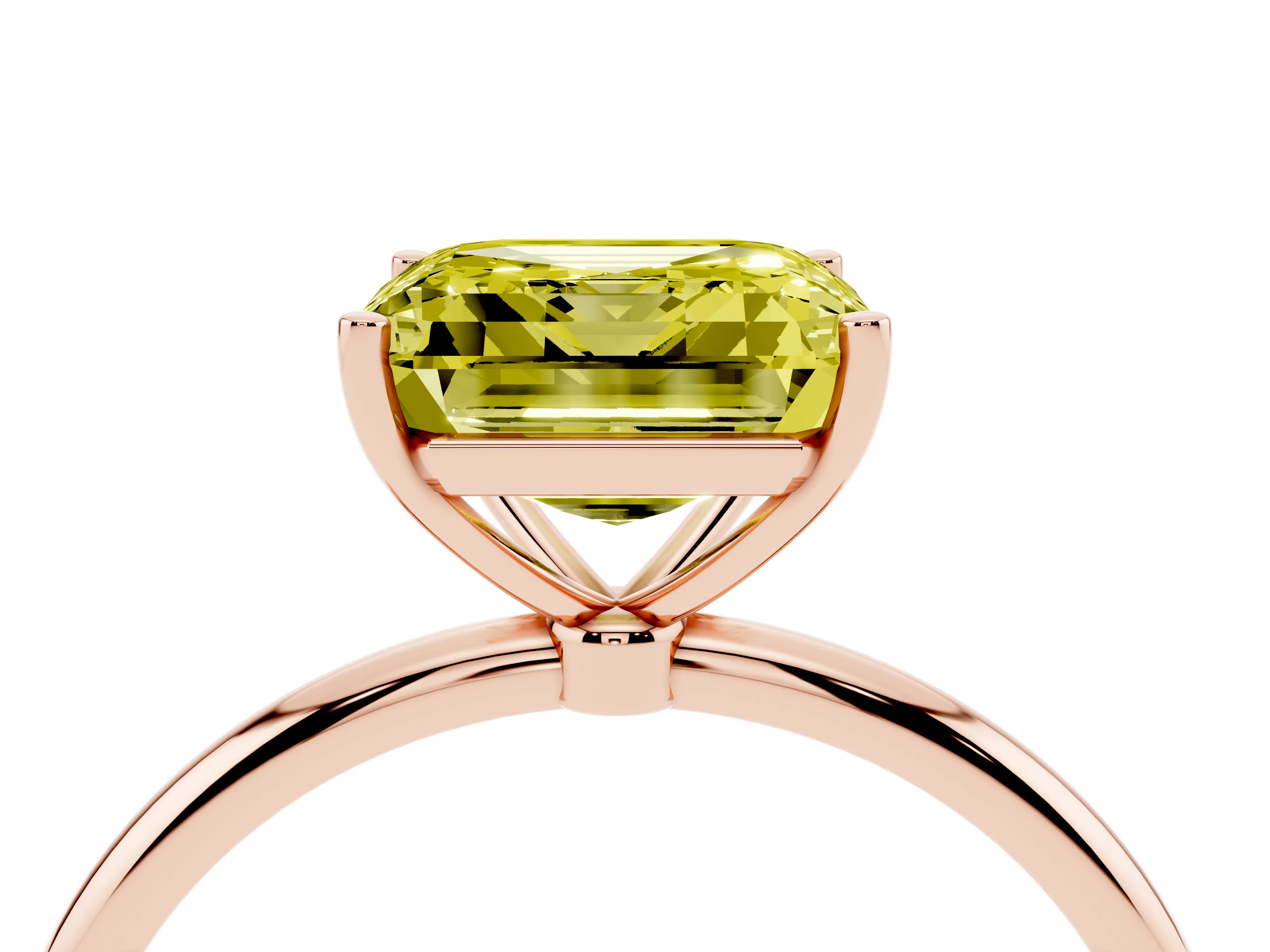 Fancy Yellow Asscher Cut Diamond Solitaire Engagement Ring Set in Rose gold with Thin Band and Prong Setting