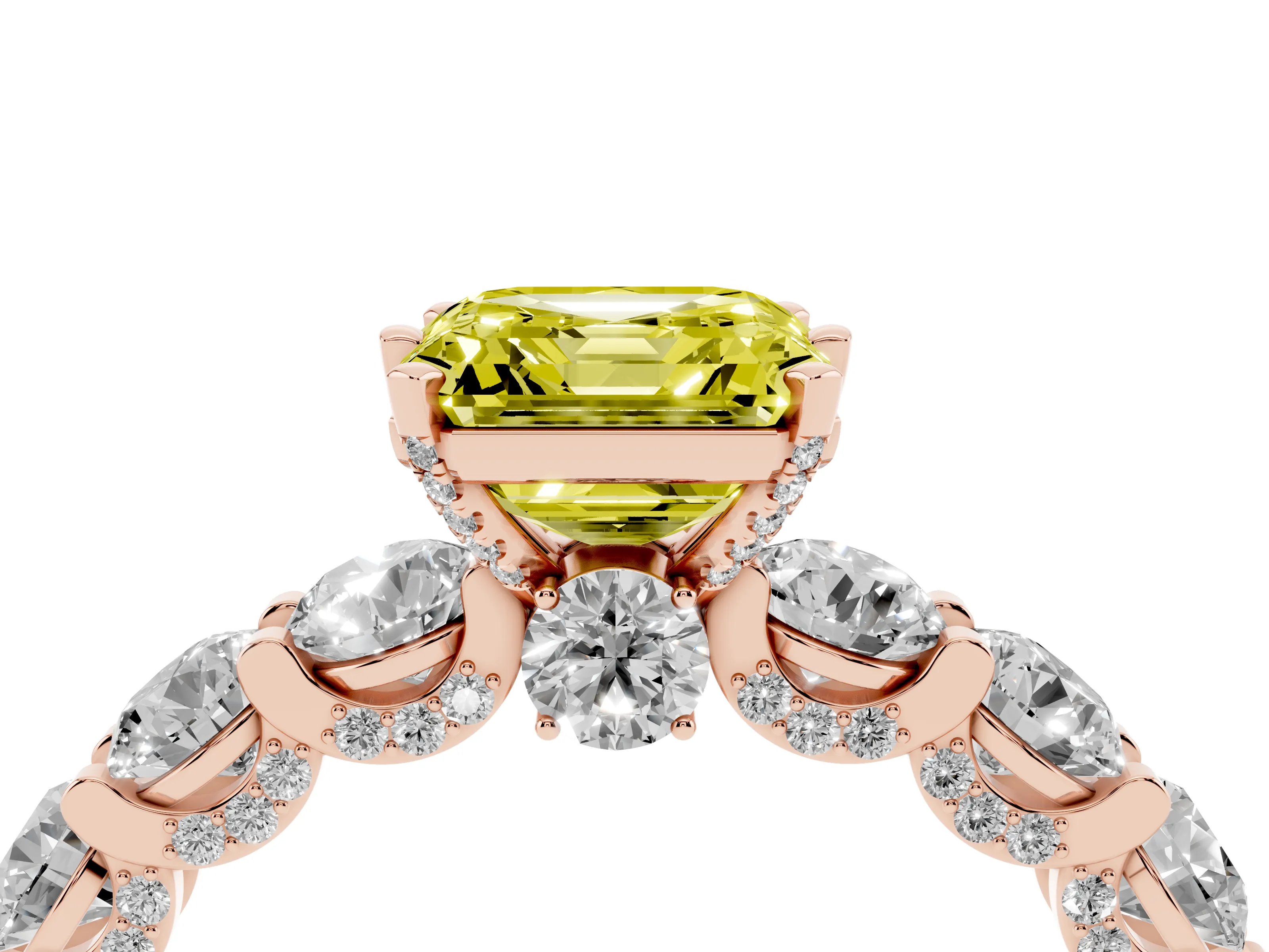 Fancy Yellow Asscher Cut Diamond Side Stone Ring Set in Rose gold with Alternating Round and Oval Side Stones