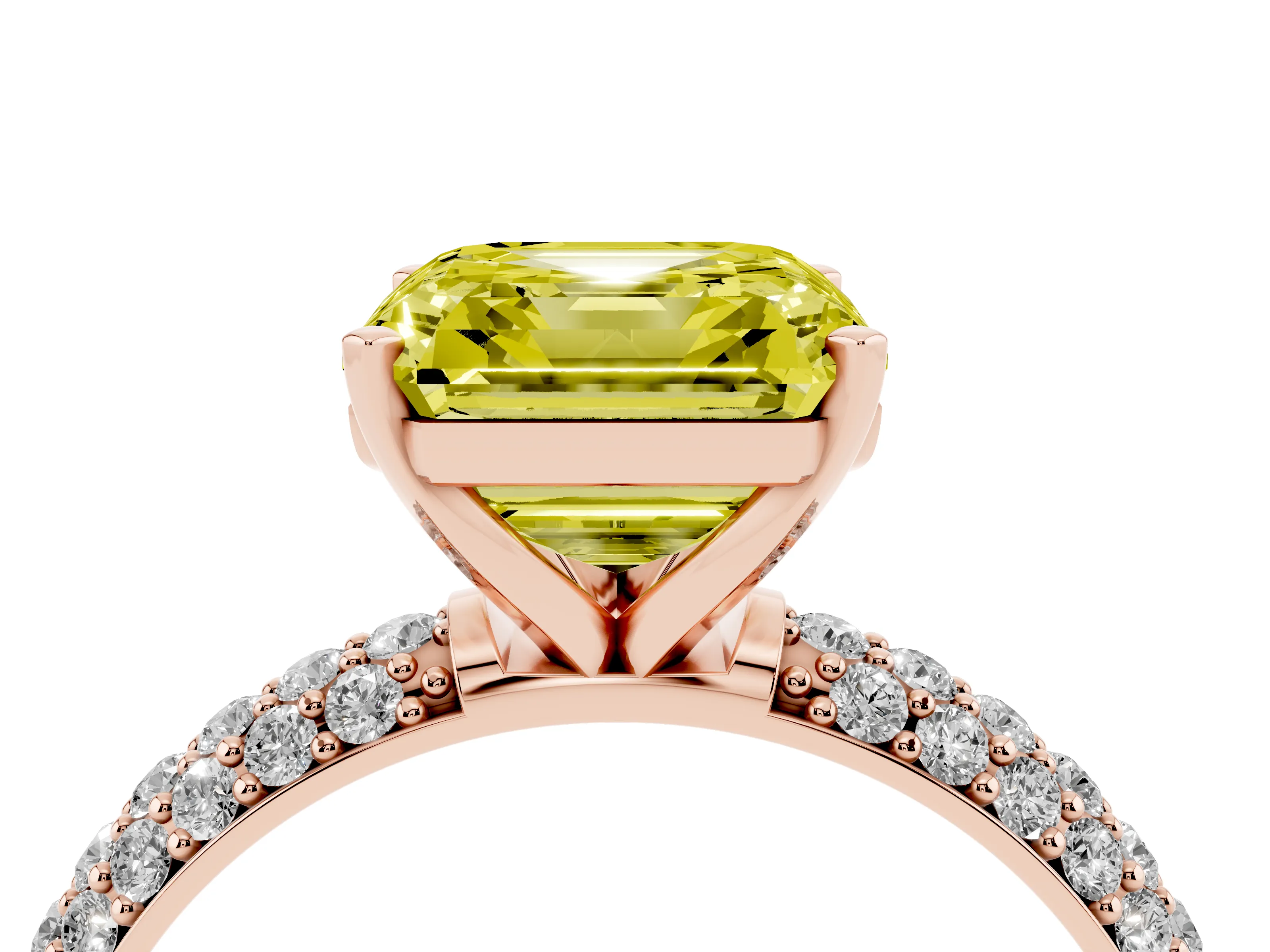 Fancy Yellow Asscher Cut Diamond Solitaire Ring Set in Rose gold with Prong Setting and Pavé-Set Band