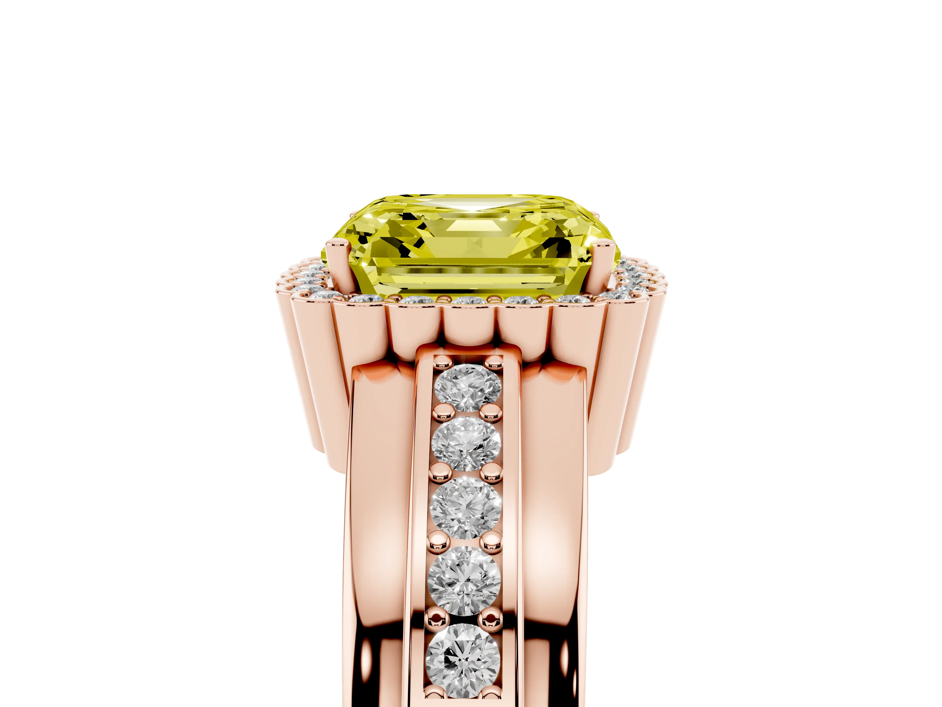 Fancy Yellow Asscher Cut Diamond Halo Prong Ring Set in Rose gold with Pavé Band