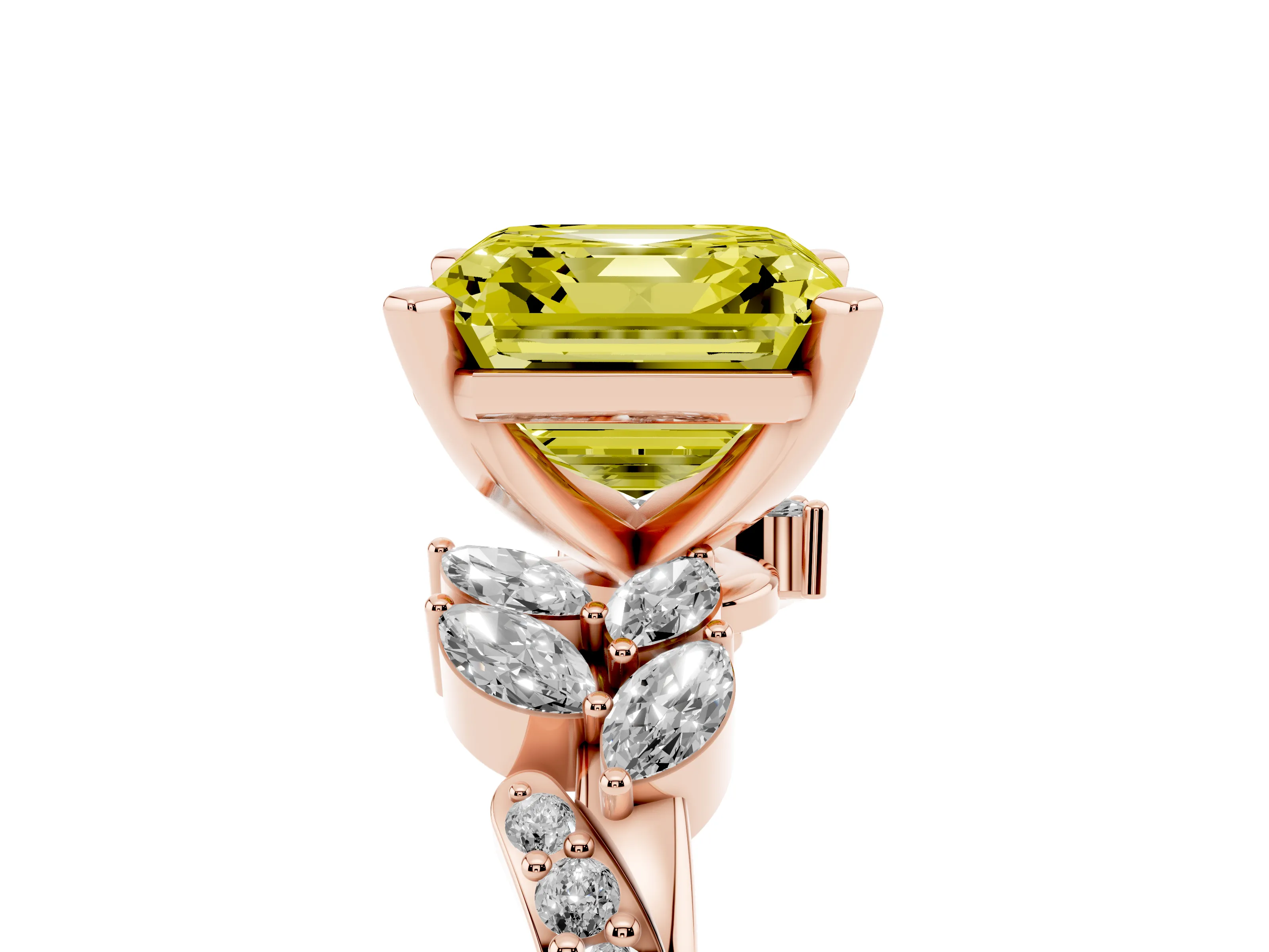 Fancy Yellow Asscher Cut Diamond Solitaire Ring Set in Rose gold with Marquise Twist Band and Prong Setting