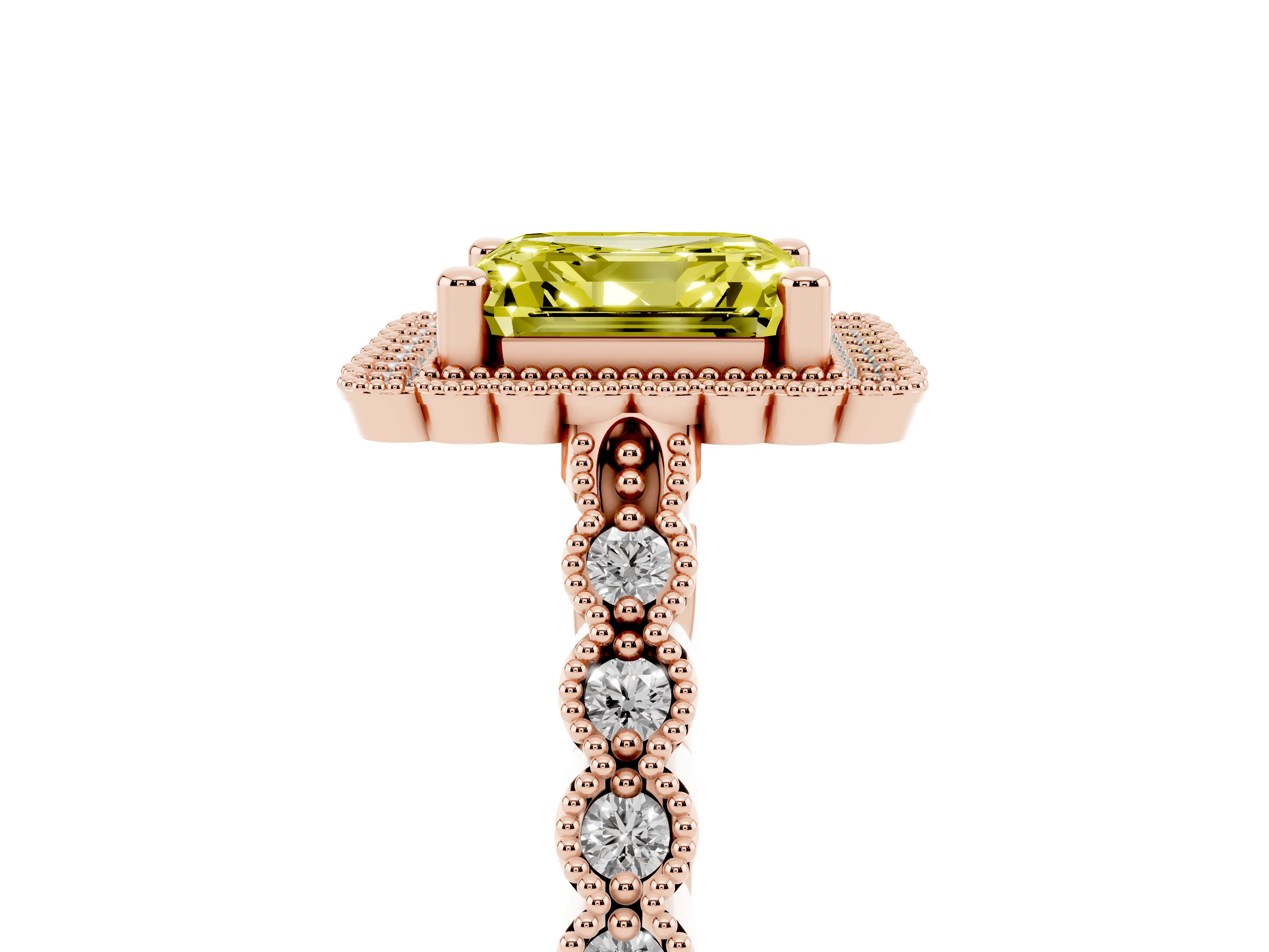 Fancy Yellow Asscher Cut Diamond Halo Ring Set in Rose gold with Pavé Milgrain Band
