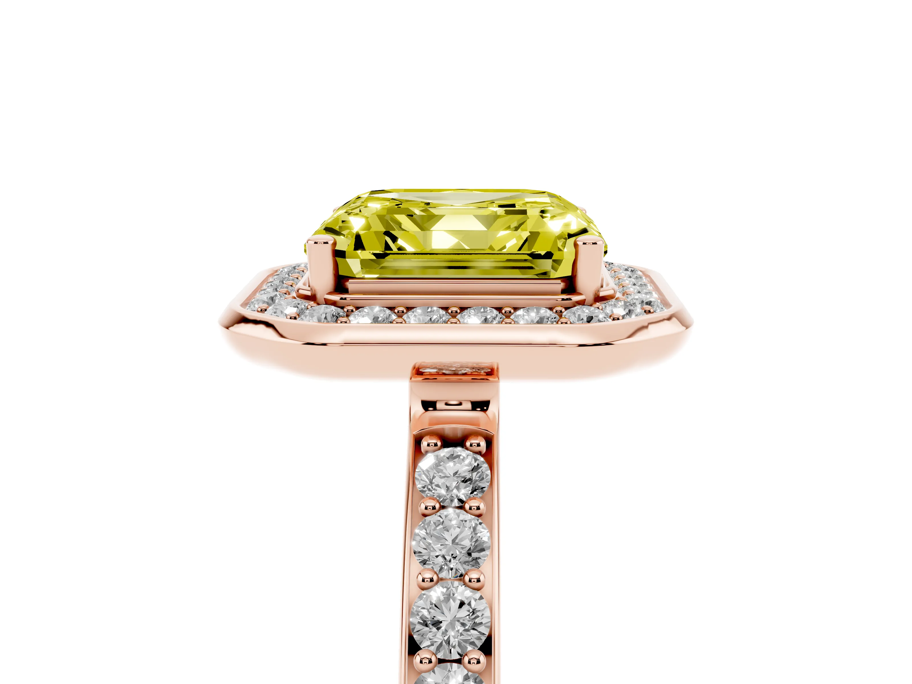 Fancy Yellow Asscher Cut Diamond Halo Ring Set in Rose gold with Bezel Frame and Pavé Band