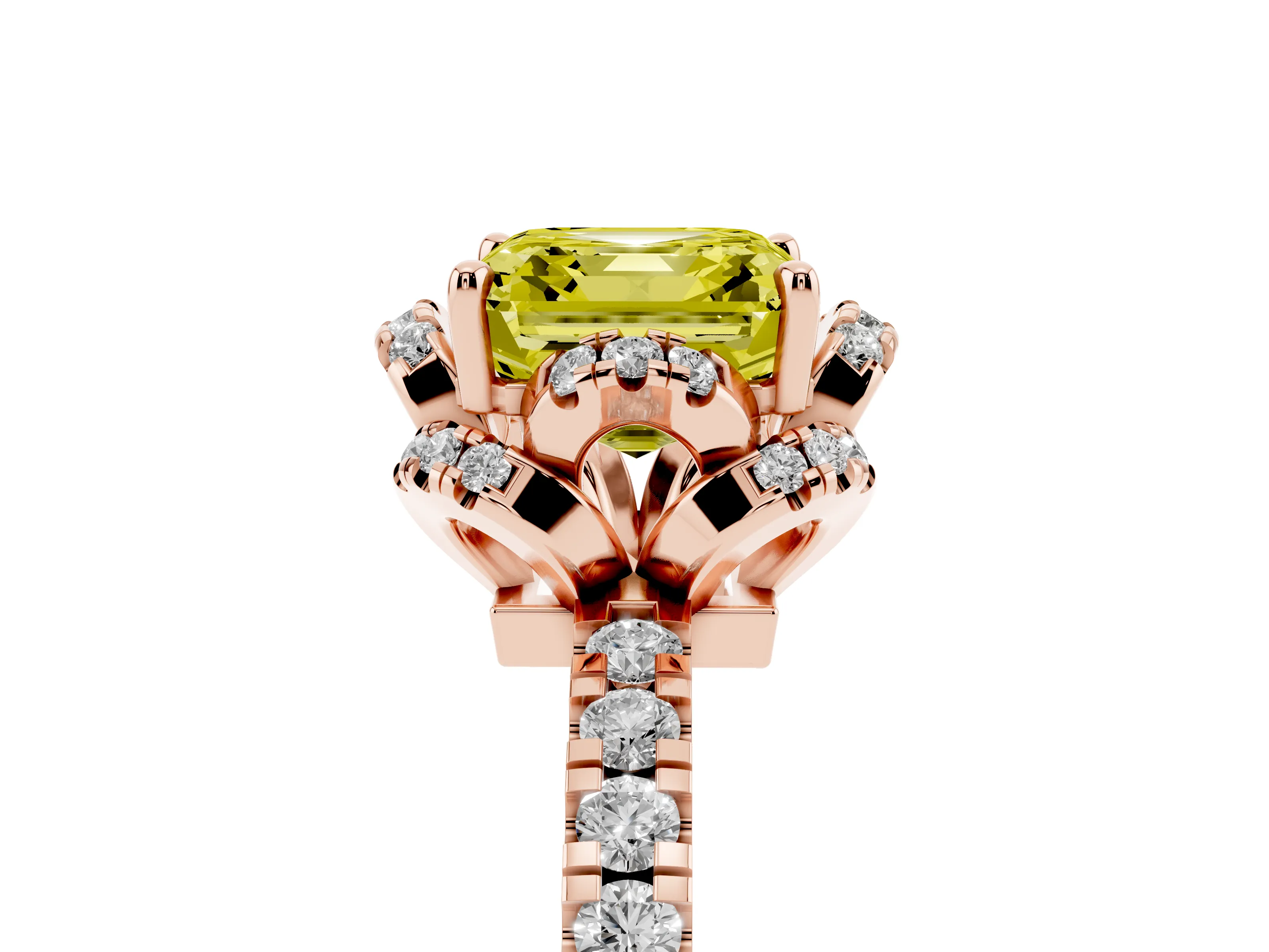 Fancy Yellow Asscher Cut Diamond Halo Pavé Band Ring Set in Rose gold with Prong-Held Center