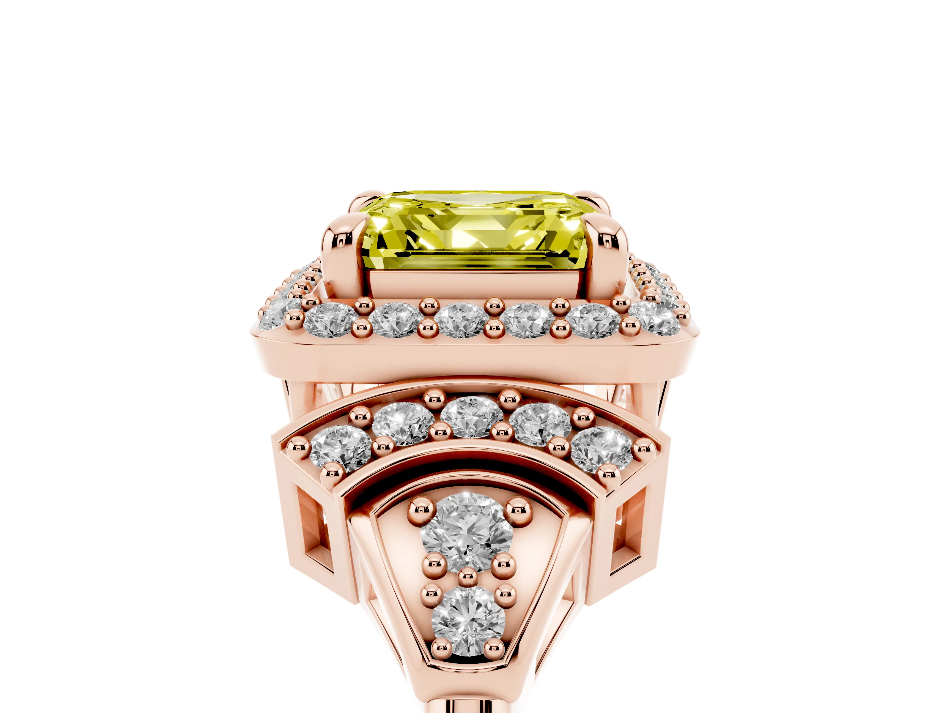 Fancy Yellow Asscher Cut Diamond Halo Engagement Ring Set in Rose gold with Accent Stone Split Shank
