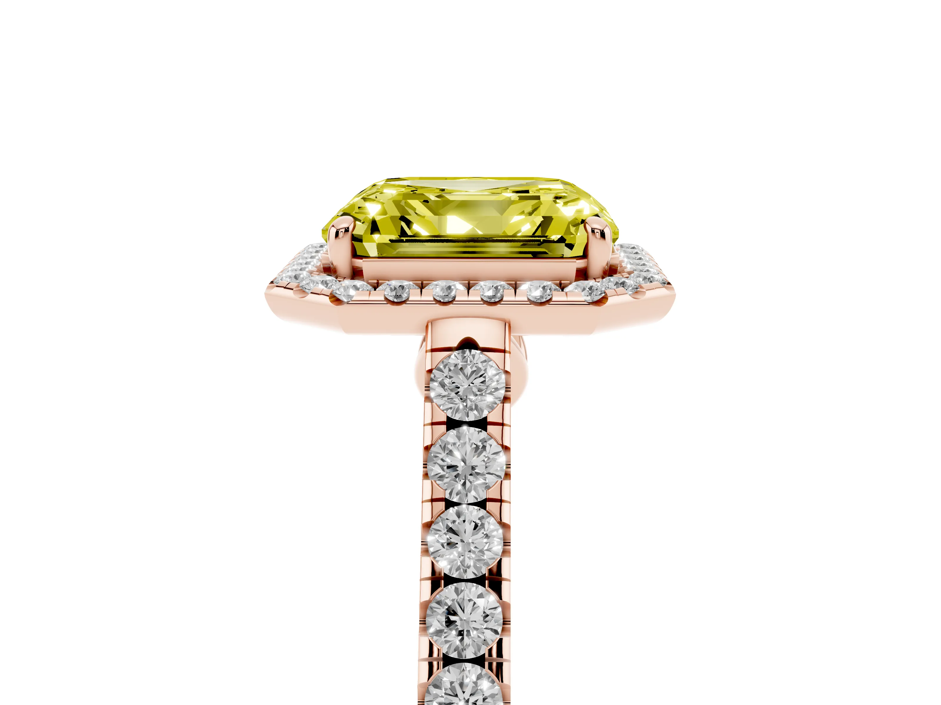 Fancy Yellow Asscher Cut Diamond Halo Pavé Engagement Ring Set in Rose gold with Prong Setting