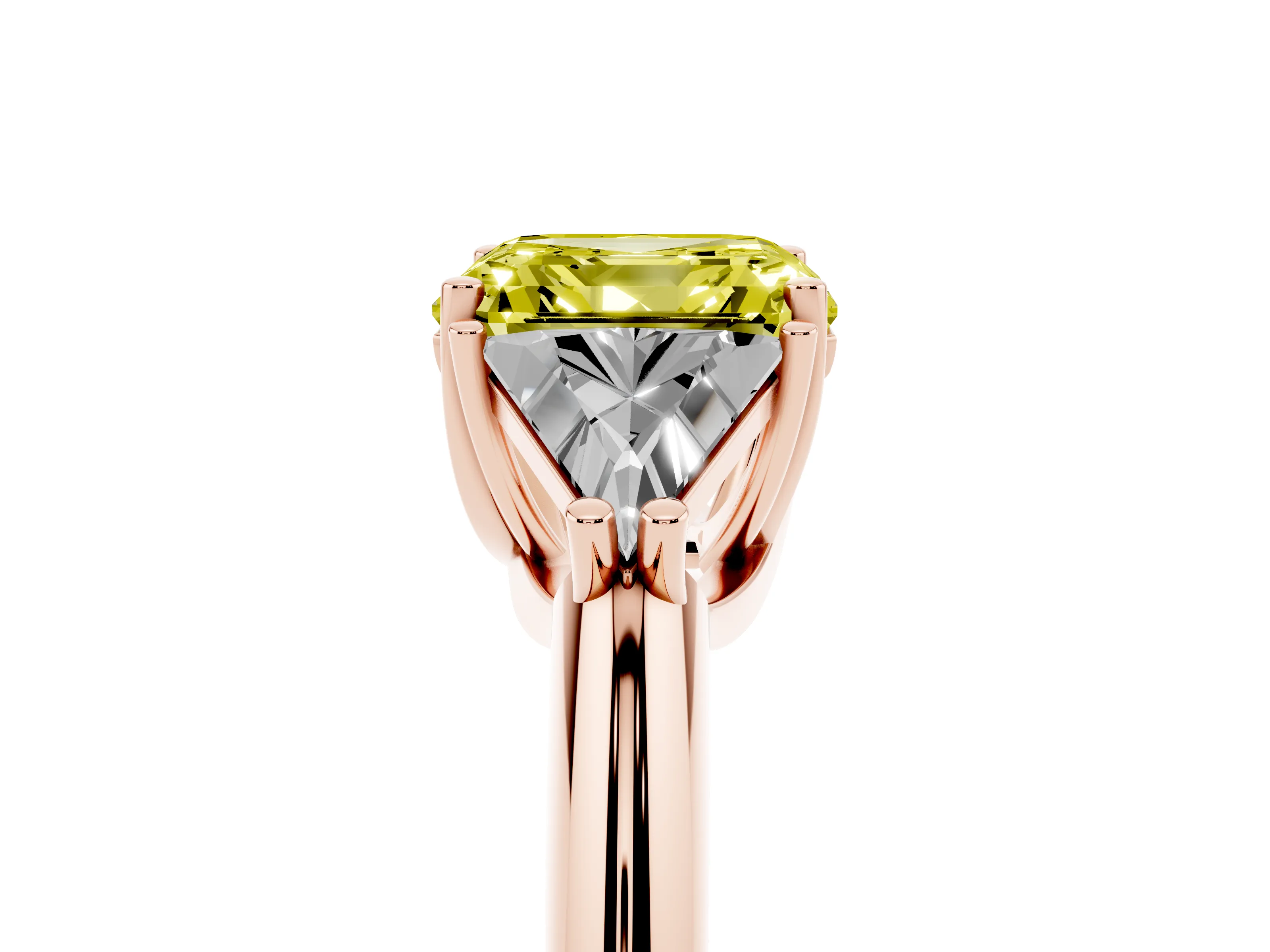 Fancy Yellow Asscher Cut Diamond Three-Stone Engagement Ring Set in Rose gold with Trillion Side Stones