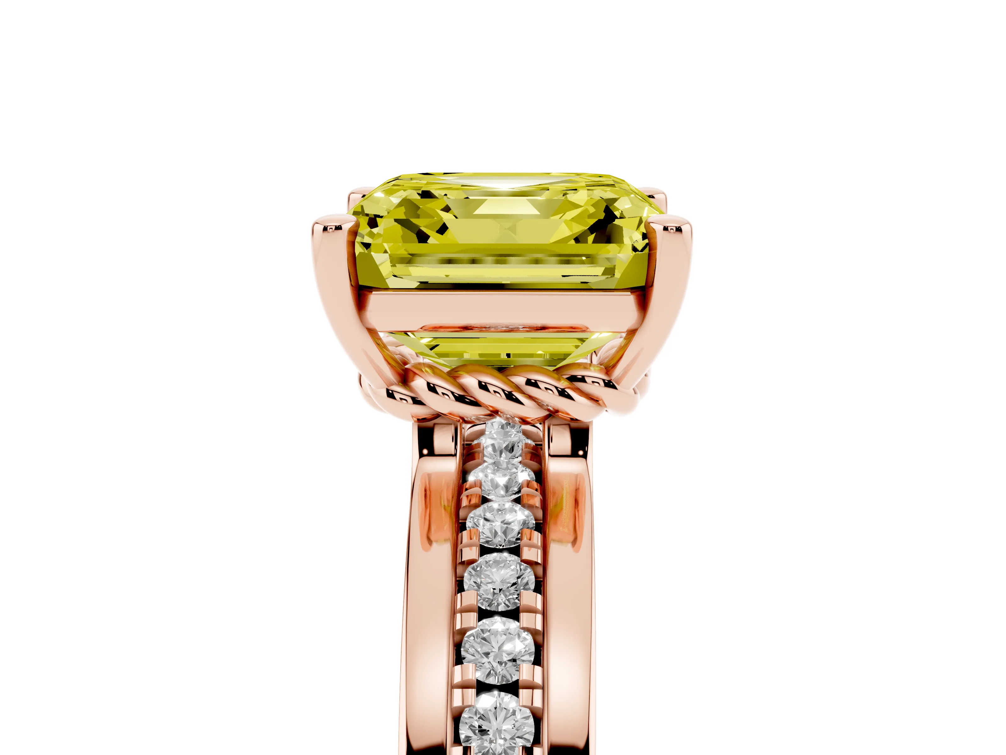 Fancy Yellow Asscher Cut Diamond Solitaire Ring Set in Rose gold with Channel Set Band and Prong Setting