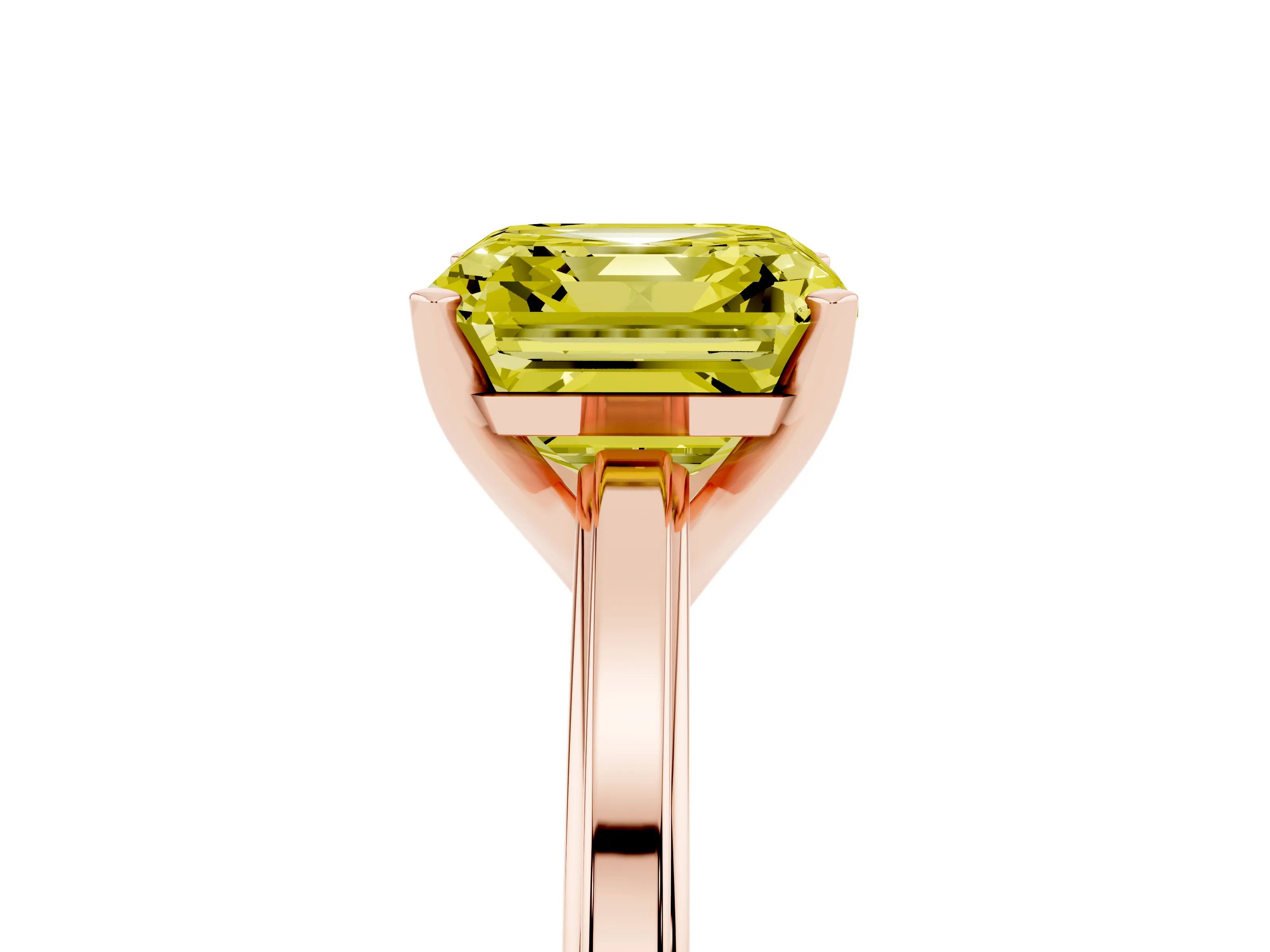 Fancy Yellow Asscher Cut Diamond Solitaire Ring Set in Rose gold with Prong Setting and Classic Band