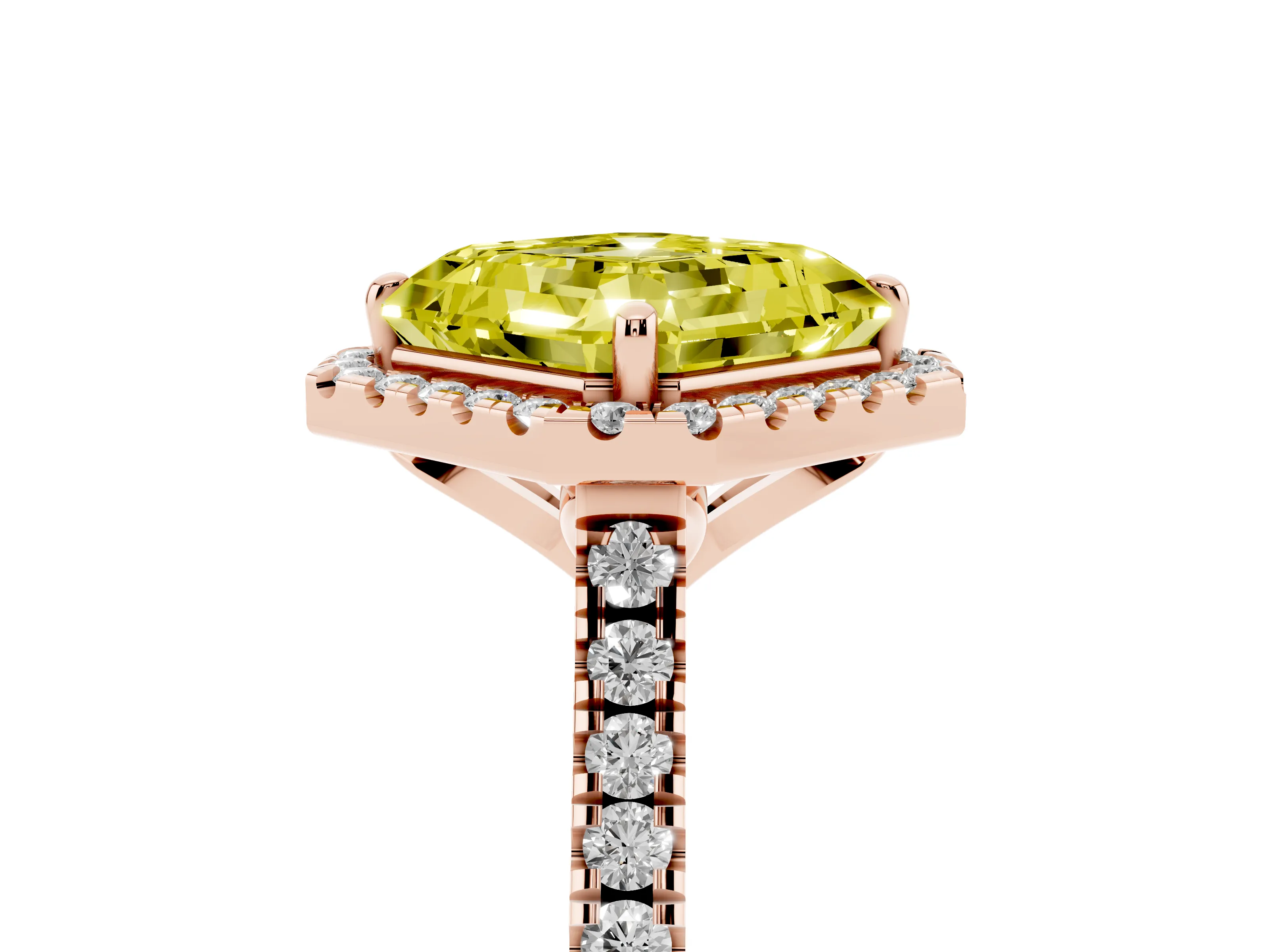 Fancy Yellow Asscher Cut Diamond Cushion Halo Ring Set in Rose gold with Pavé Band