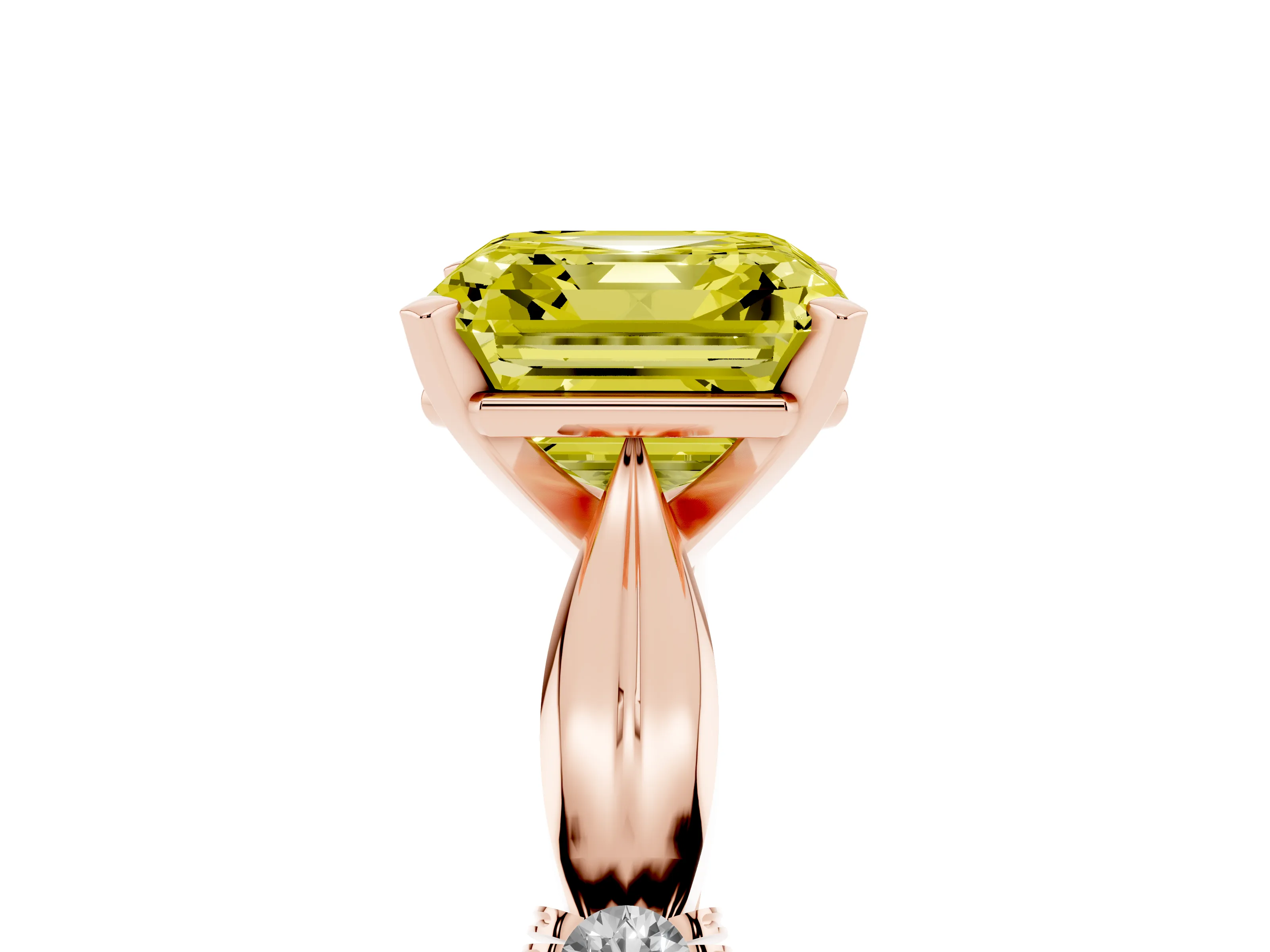 Fancy Yellow Asscher Cut Diamond Solitaire Twisted Band Ring Set in Rose gold with Accent Stones and Prong Setting