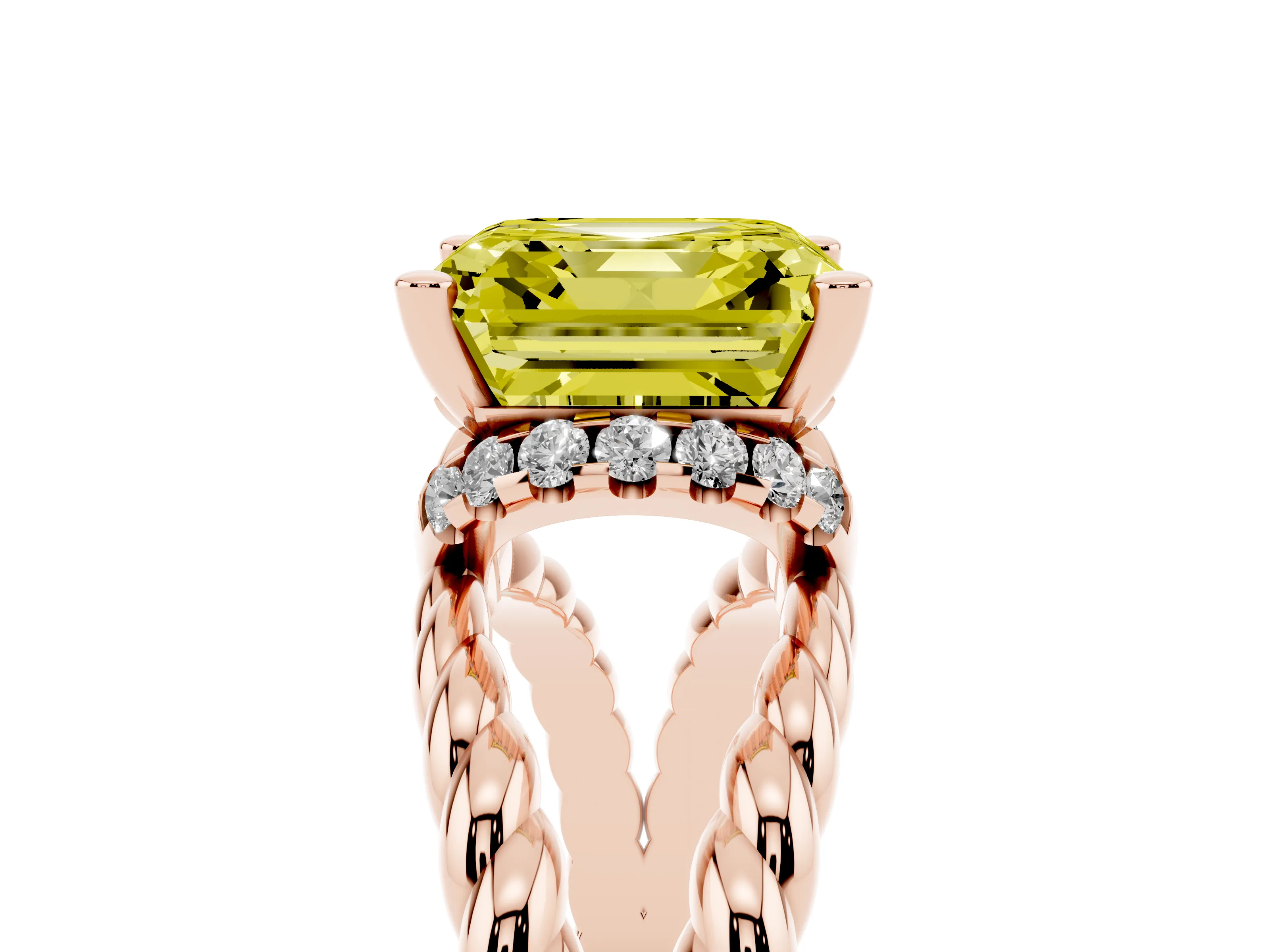 Fancy Yellow Asscher Cut Diamond Halo Ring Set in Rose gold with Twisted Band and Prong Setting