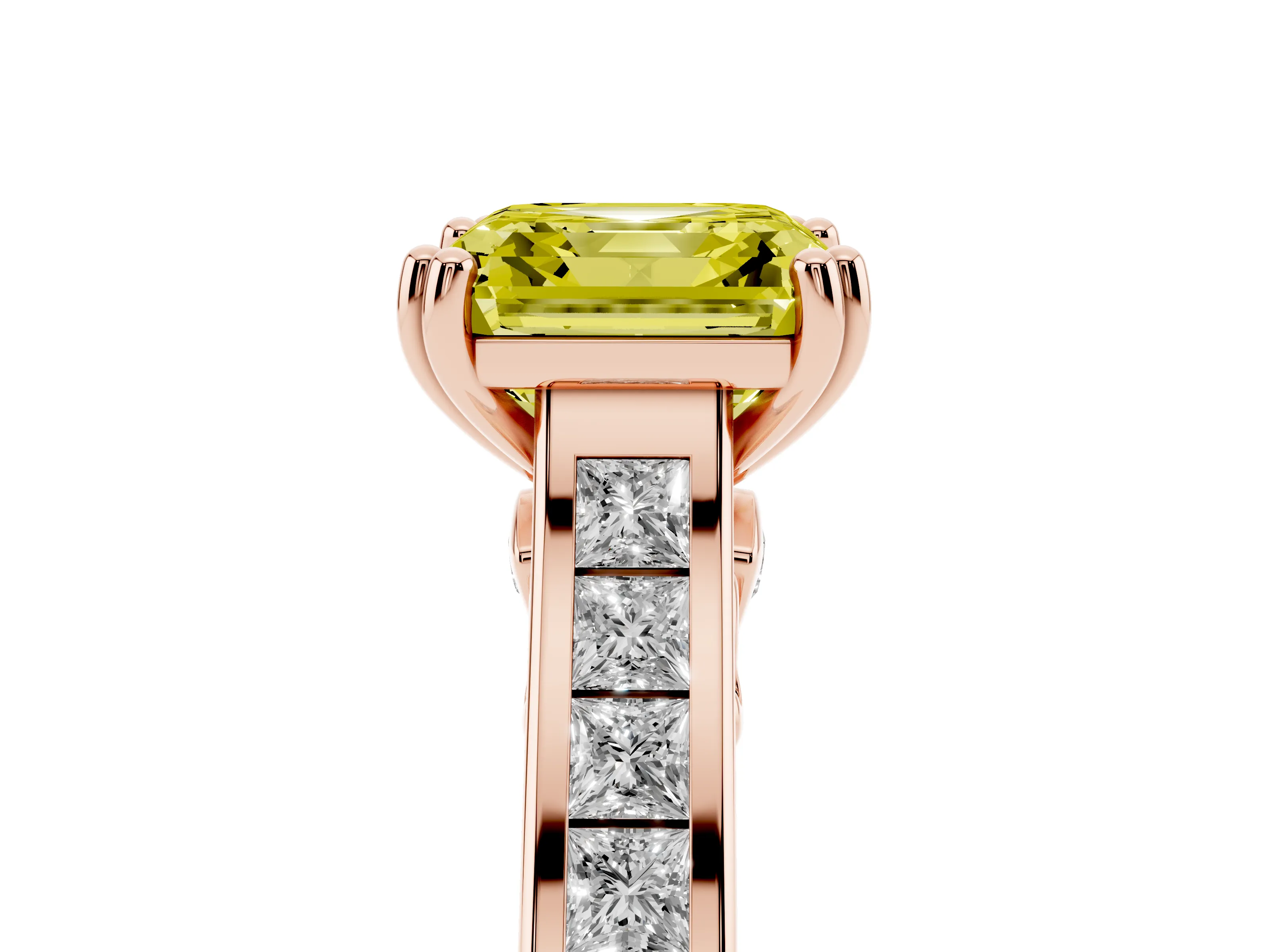 Fancy Yellow Asscher Cut Diamond Channel Set Solitaire Engagement Ring Set in Rose gold with Prong Setting
