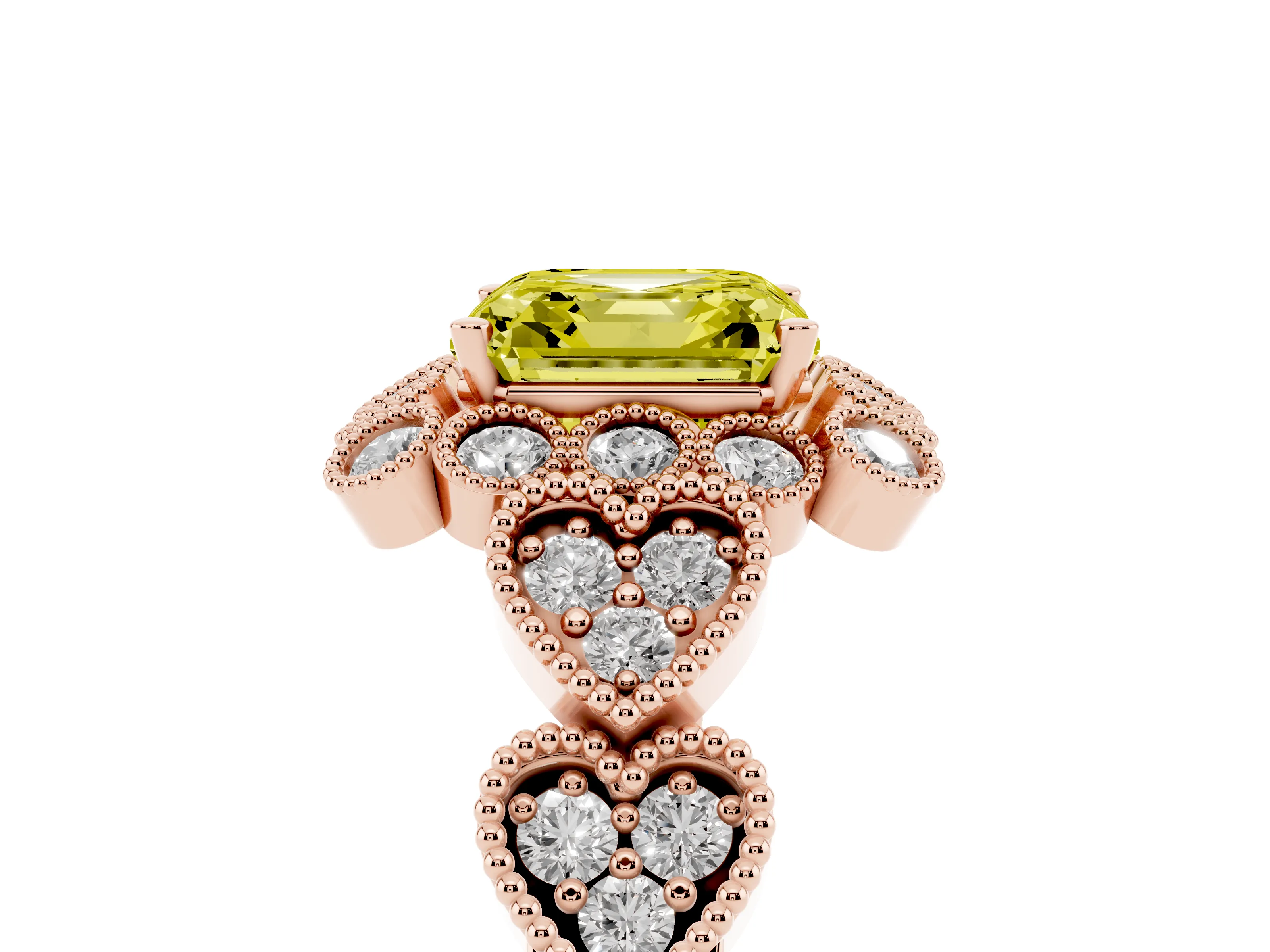 Fancy Yellow Asscher Cut Diamond Solitaire Ring Set in Rose gold with Milgrain Pavé Heart Band