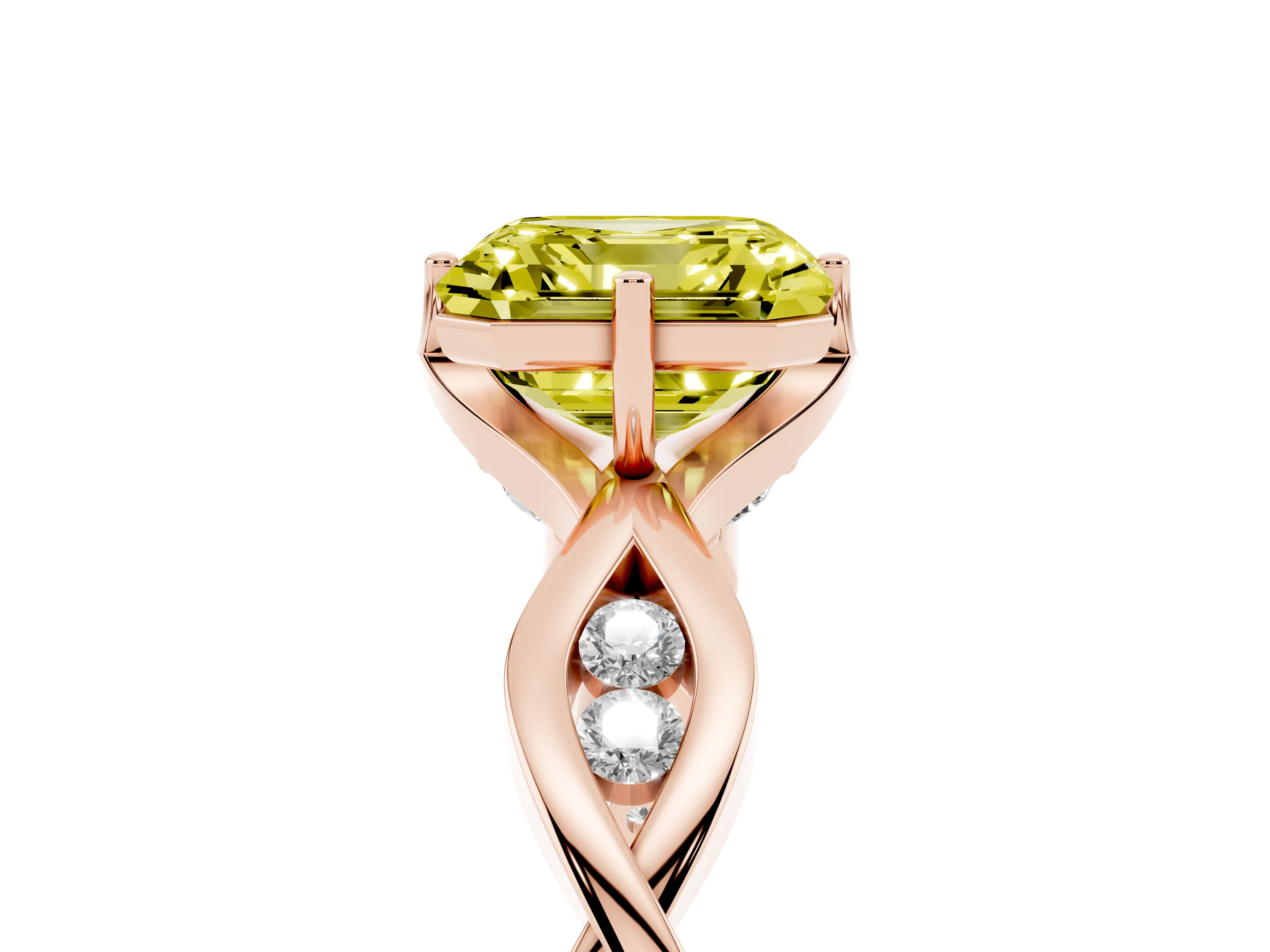 Fancy Yellow Asscher Cut Diamond Twist Band Solitaire Ring Set in Rose gold with Leaf Prong Setting and Accent Stones