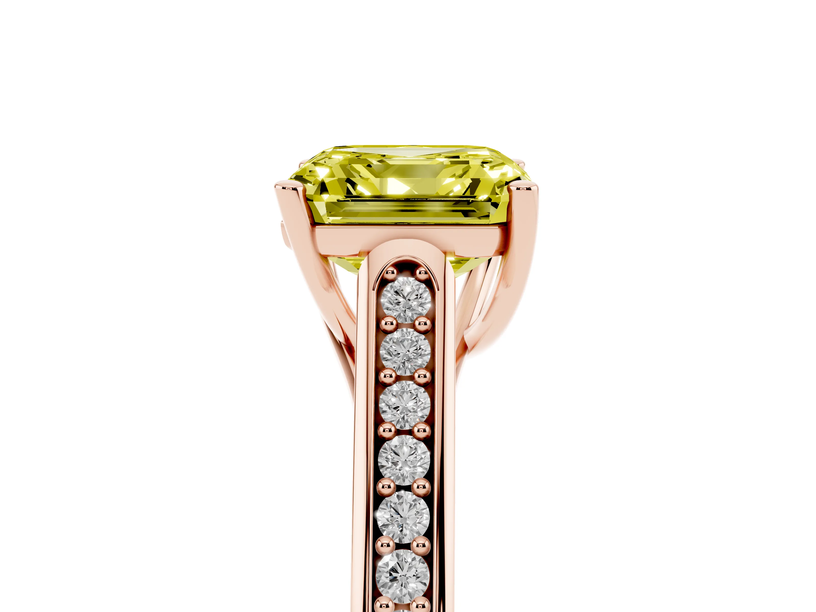 Fancy Yellow Asscher Cut Diamond Solitaire Cathedral Engagement Ring Set in Rose gold with Channel-Set Band and Prong Setting