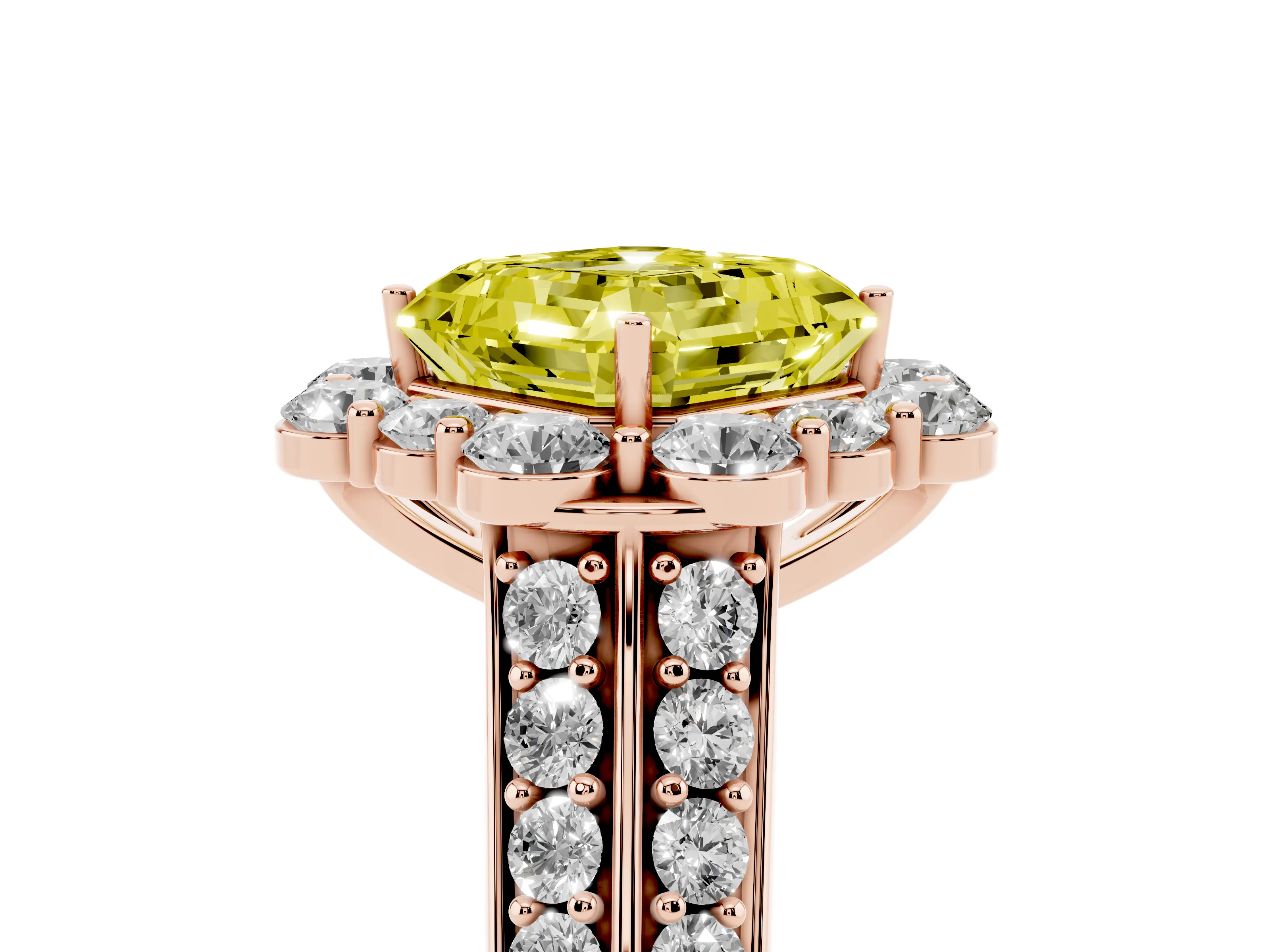 Fancy Yellow Asscher Cut Diamond Halo Engagement Ring Set in Rose gold with Split Shank and Prong Setting