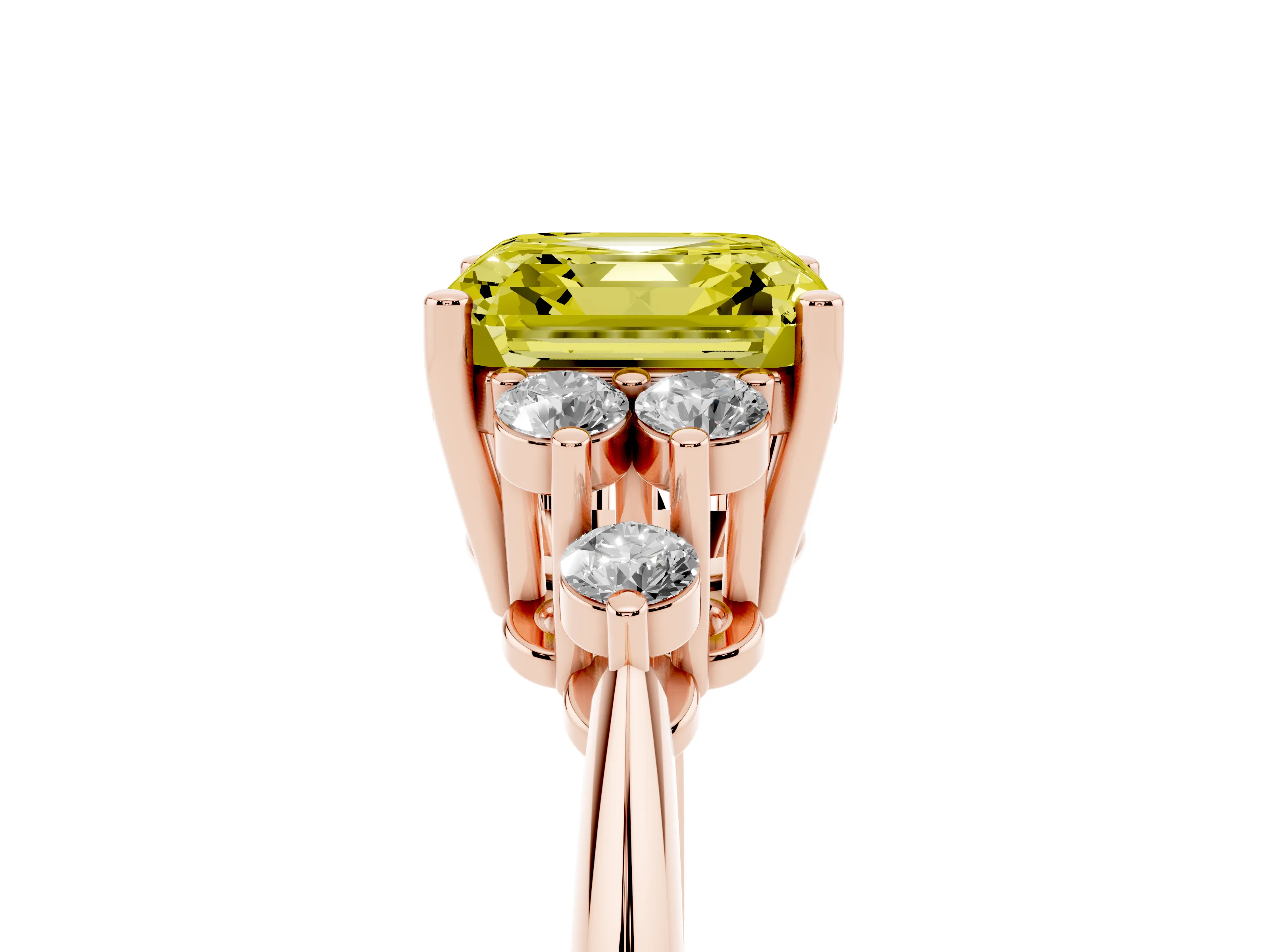 Fancy Yellow Asscher Cut Diamond Cluster Ring Set in Rose gold with Plain Band and Prong Setting
