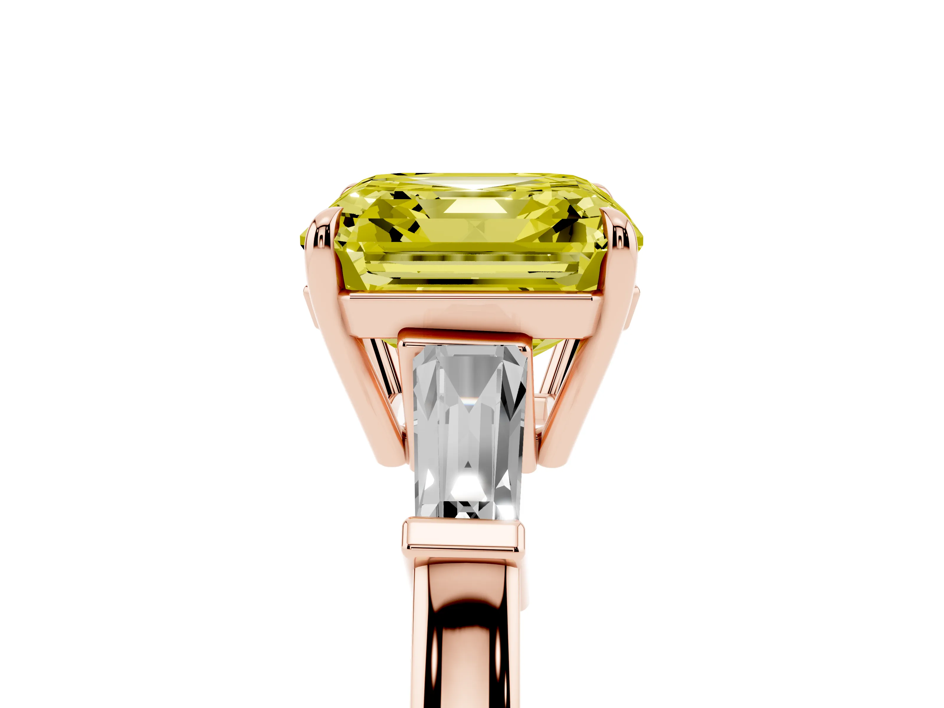 Fancy Yellow Asscher Cut Diamond Three-Stone Ring Set in Rose gold with Tapered Baguette Side Stones and Prong Setting