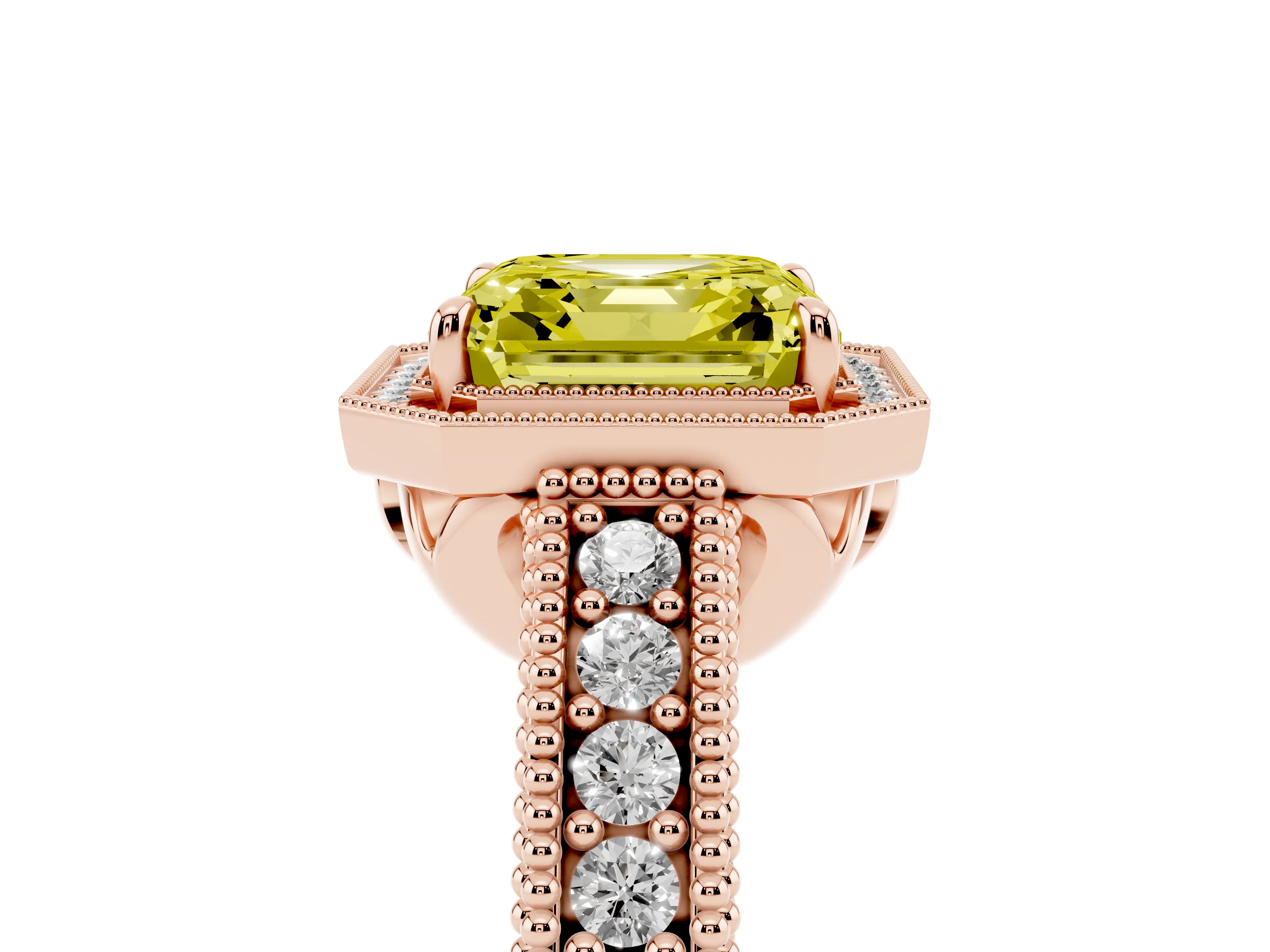 Fancy Yellow Asscher Cut Diamond Halo Ring Set in Rose gold with Round Accent Halo, Pavé Band and Prong Setting