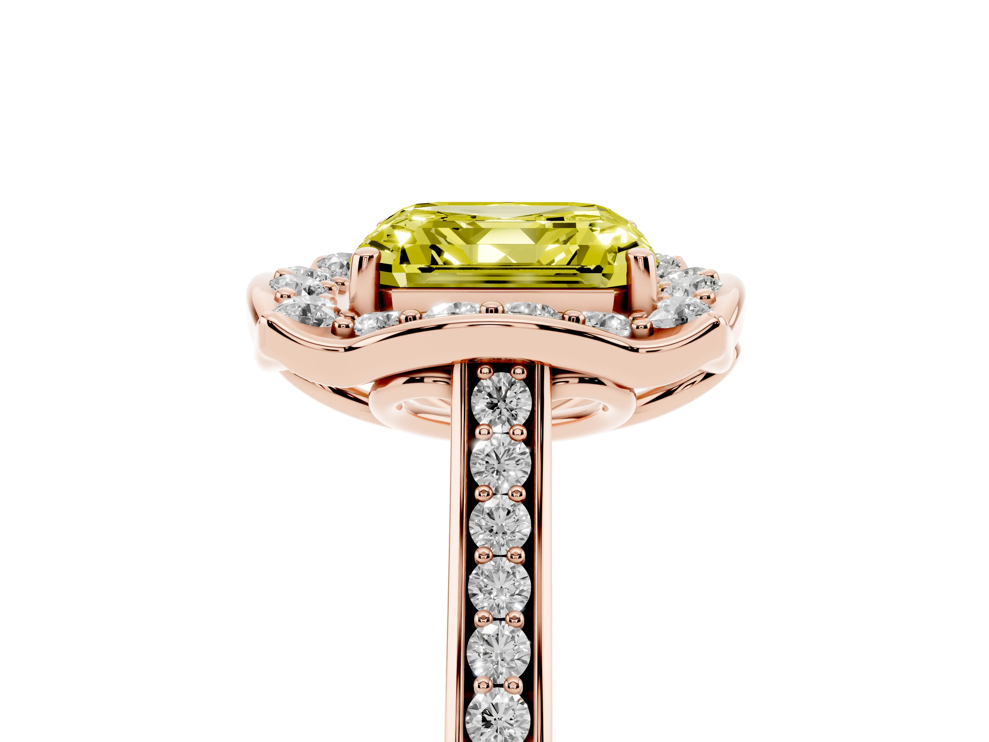 Fancy Yellow Asscher Cut Diamond Halo Ring Set in Rose gold with Pavé-Lined Shoulders and Prong Setting
