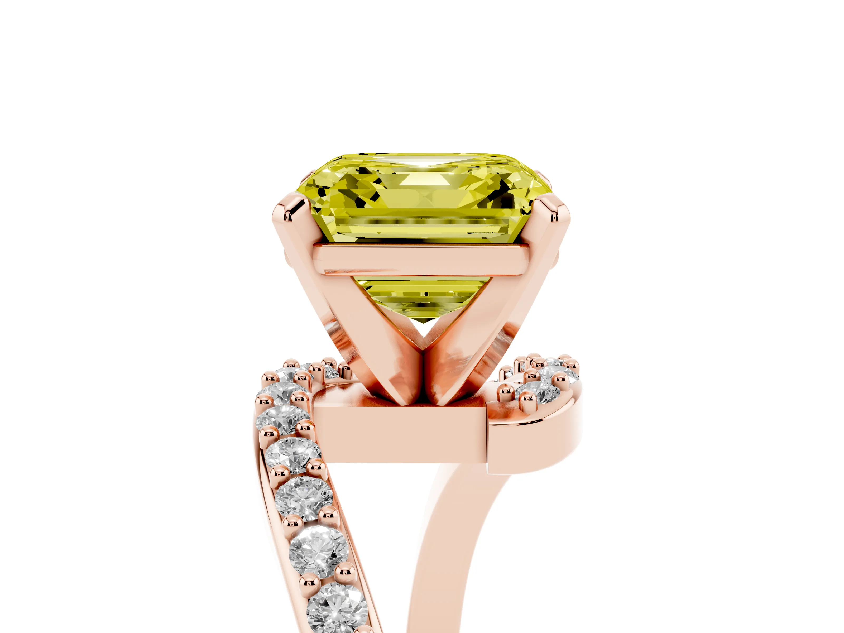 Fancy Yellow Asscher Cut Diamond Solitaire Ring Set in Rose gold with Pavé Twist Band and Prong Setting