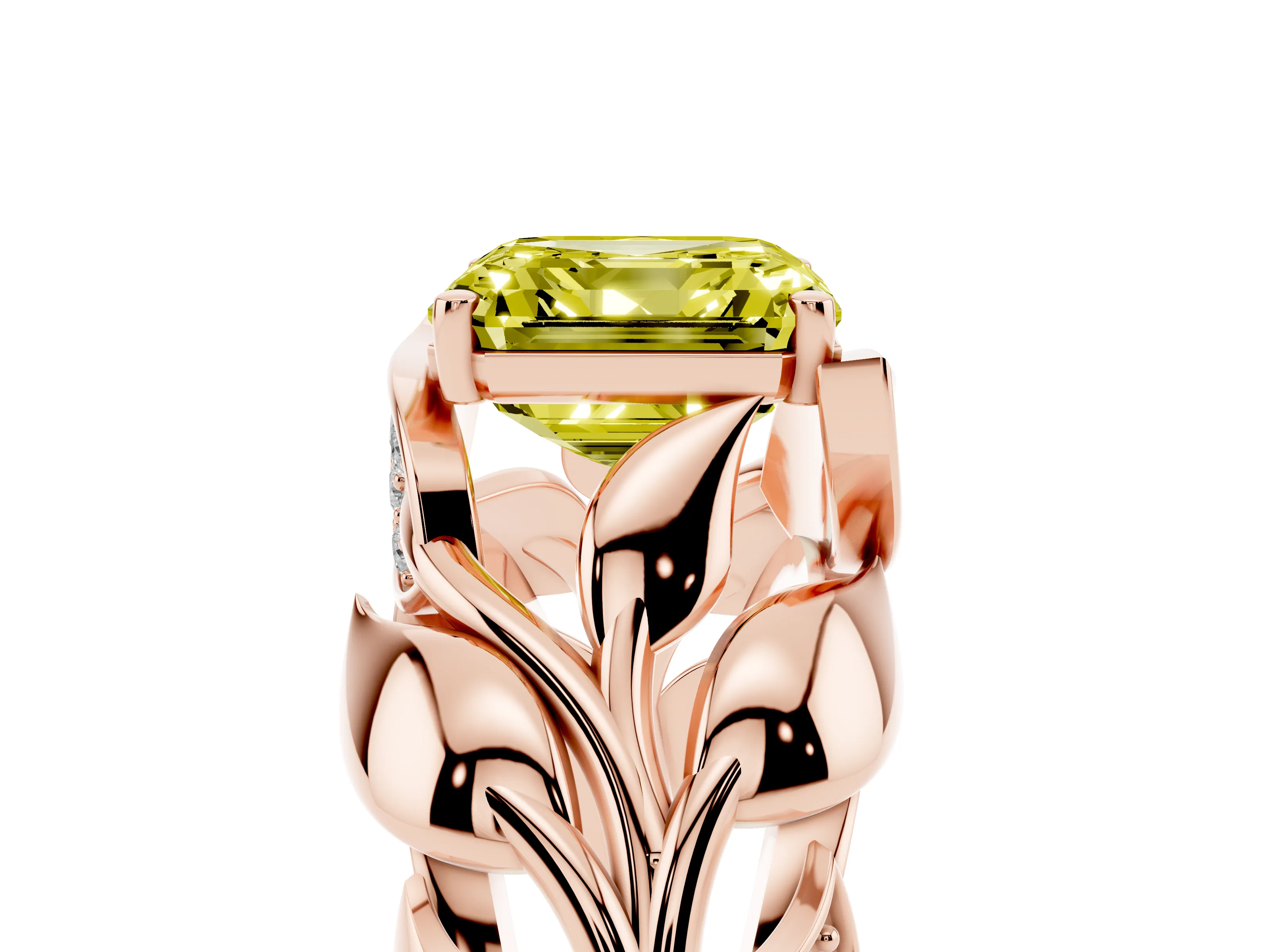 Fancy Yellow Asscher Cut Diamond Leaf-Inspired Engagement Ring Set in Rose gold with Round Accents