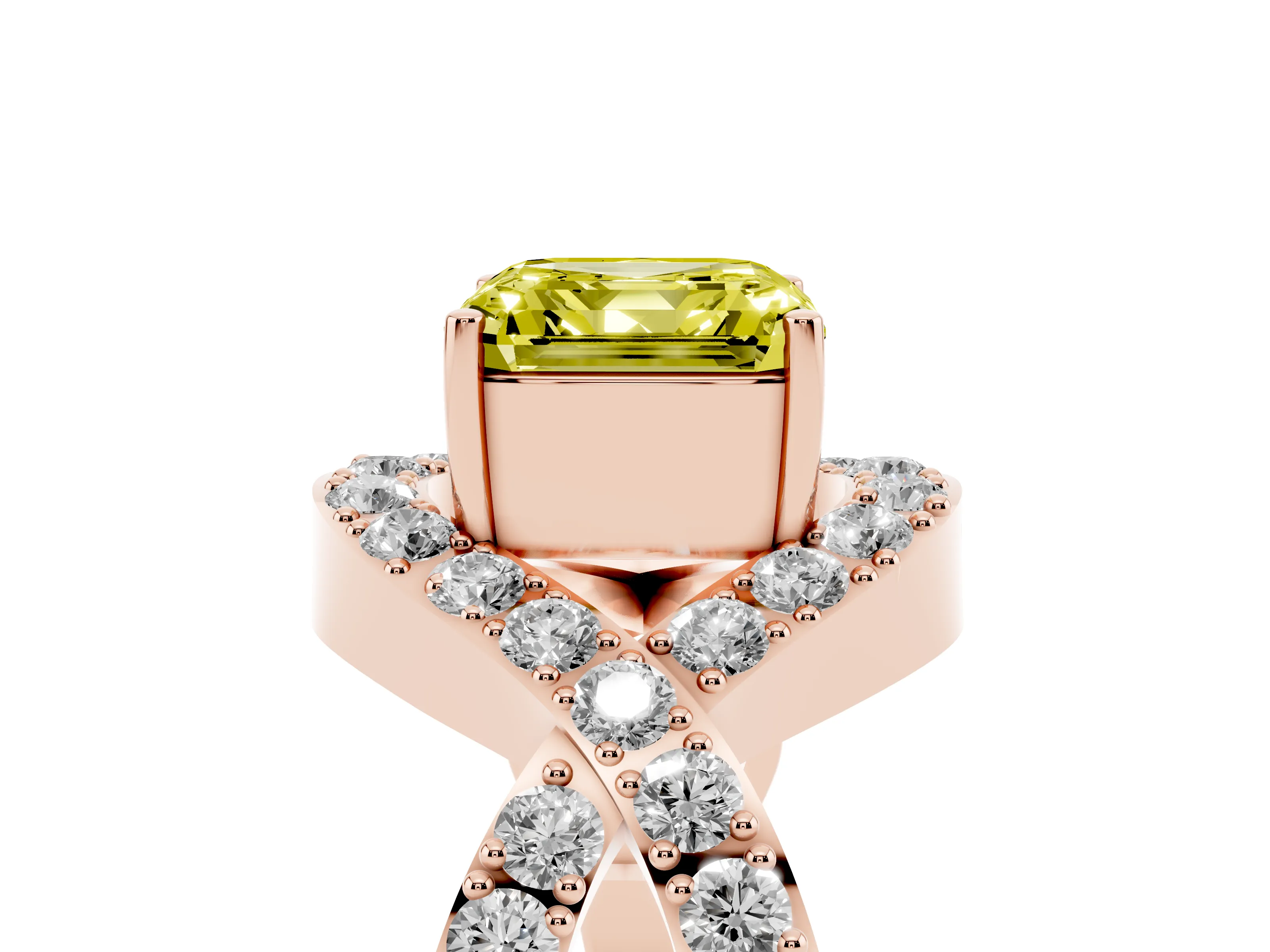 Fancy Yellow Asscher Cut Diamond Solitaire Twist Band Pavé Engagement Ring Set in Rose gold