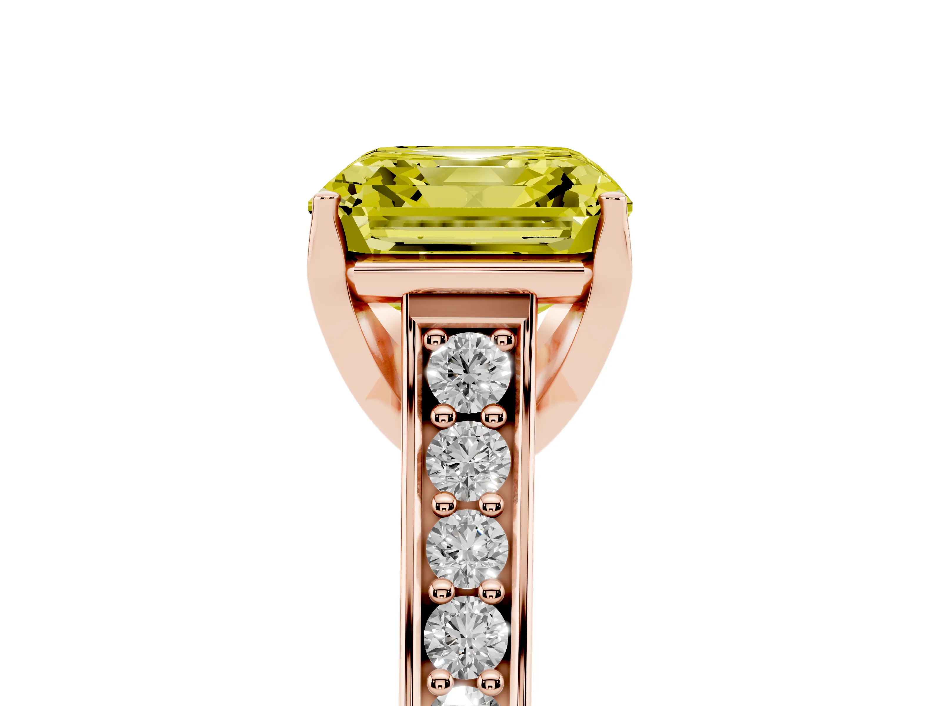 Fancy Yellow Asscher Cut Diamond Solitaire Pavé Engagement Ring Set in Rose gold with Prong Setting