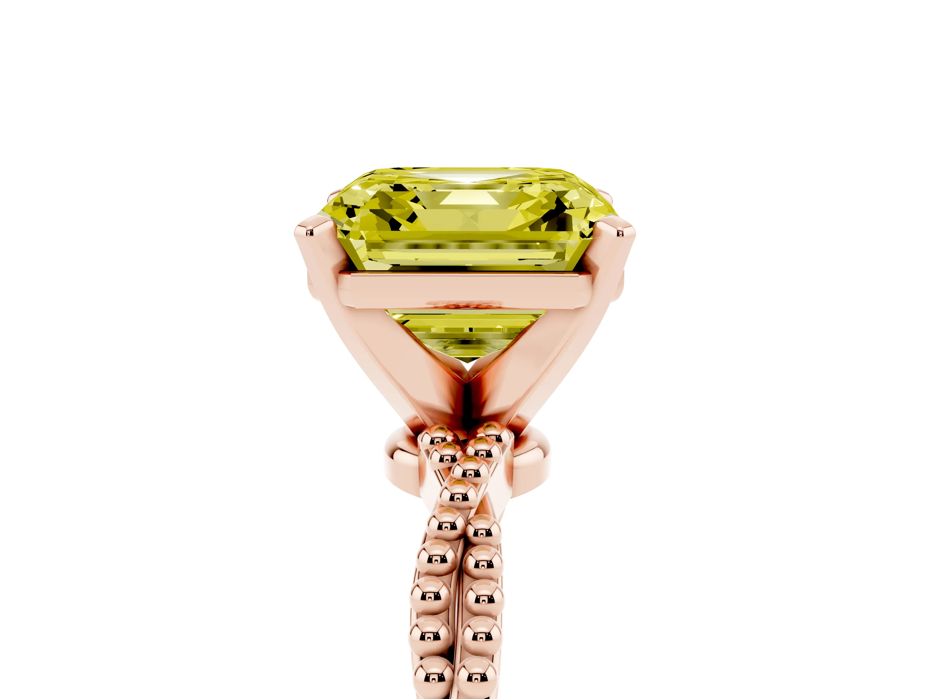 Fancy Yellow Asscher Cut Diamond Solitaire Ring Set in Rose gold with Twisted Band and Bead Prong Setting
