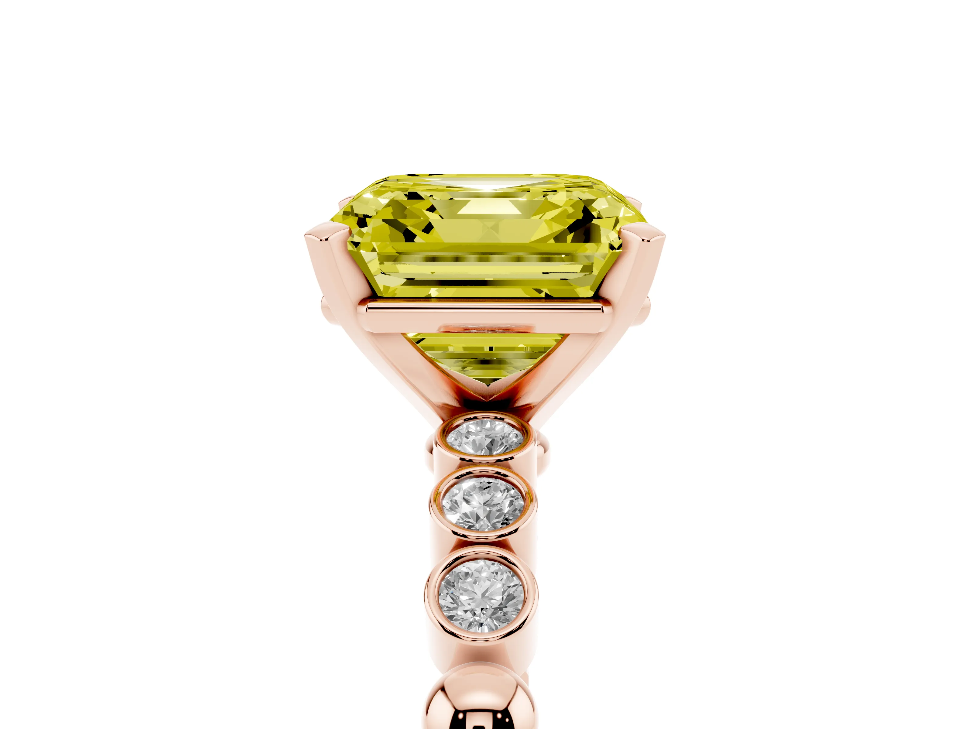 Fancy Yellow Asscher Cut Diamond Solitaire Engagement Ring Set in Rose gold with Bezel Accents on Beaded Band