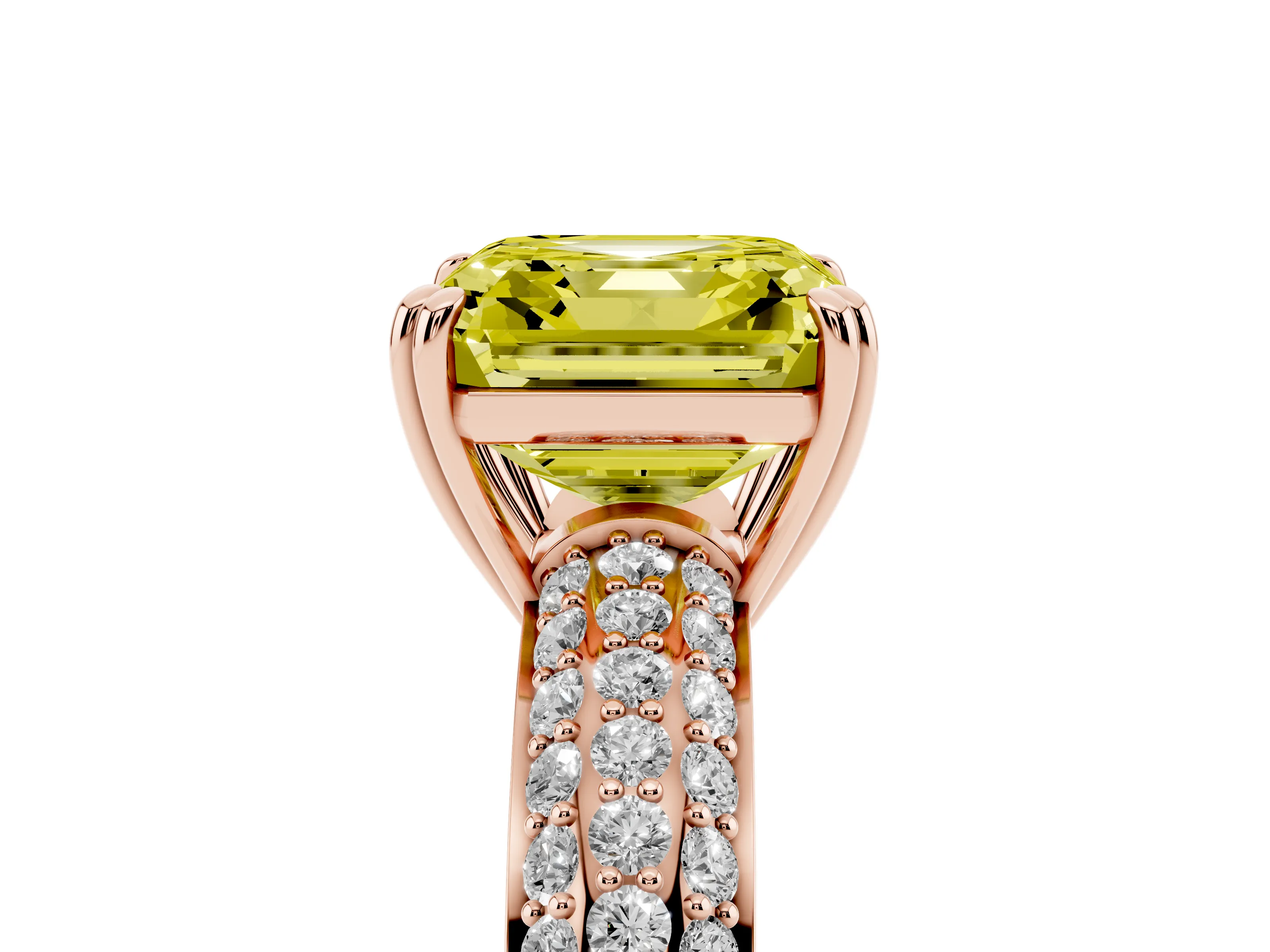 Fancy Yellow Asscher Cut Diamond Solitaire Ring Set in Rose gold with Multi-Row Round Pavé Band and Prong Setting