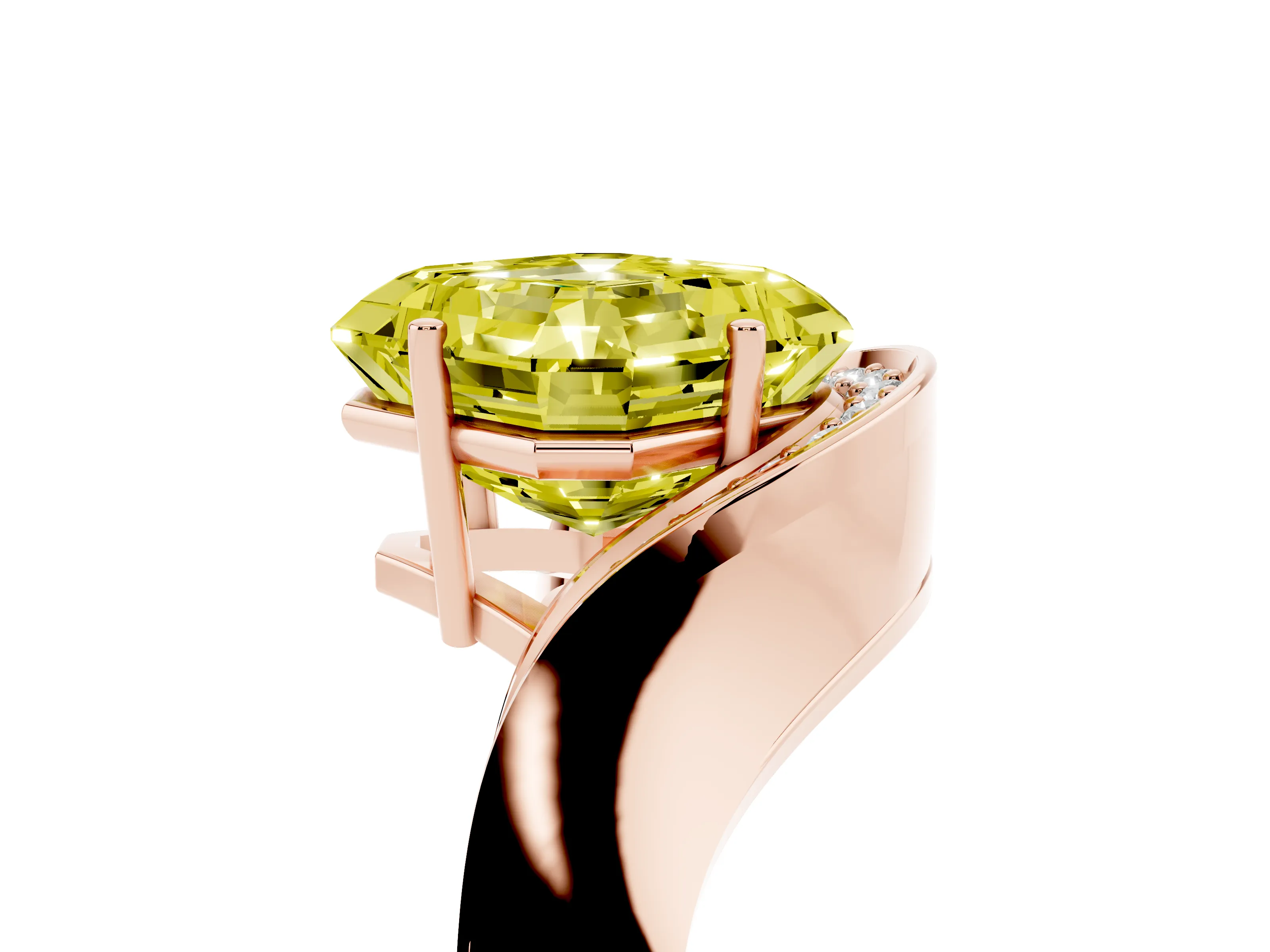 Fancy Yellow Asscher Cut Diamond Solitaire Engagement Ring Set in Rose gold with Pavé Shoulders