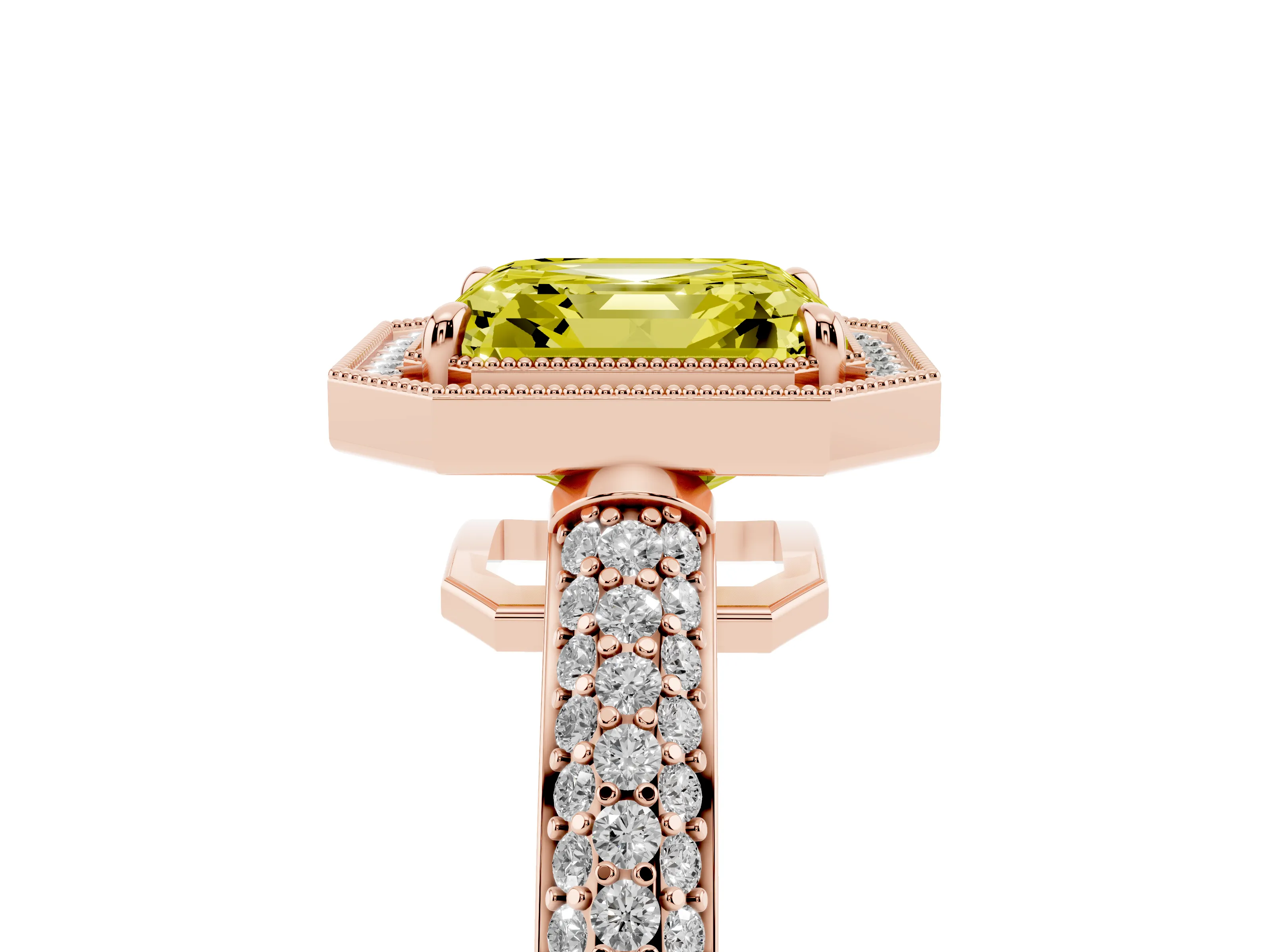 Fancy Yellow Asscher Cut Diamond Halo Pavé Band Set in Rose gold with Prong Setting