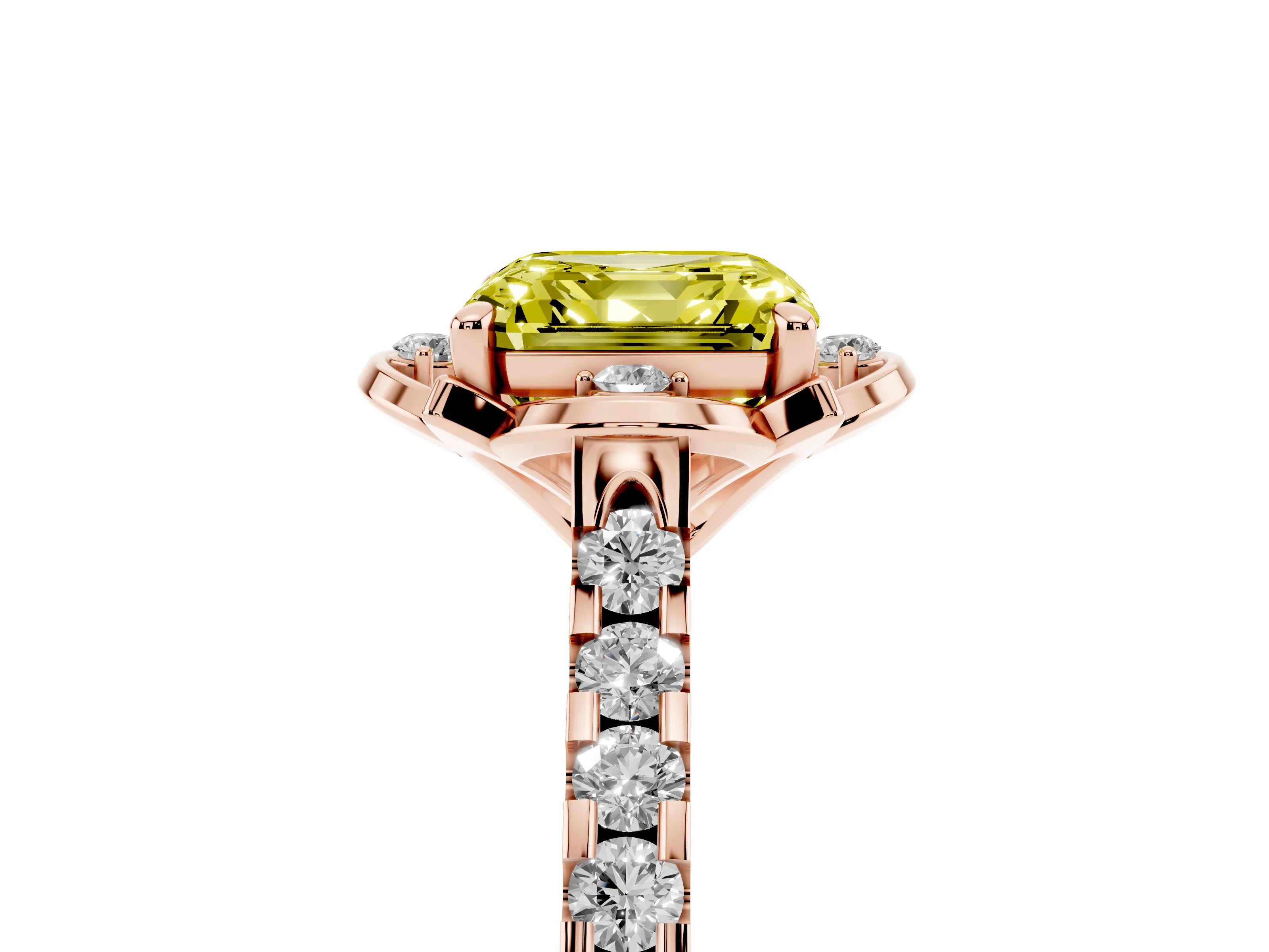 Fancy Yellow Asscher Cut Diamond Solitaire Ring Set in Rose gold with Pavé Band and Floral Prong Setting