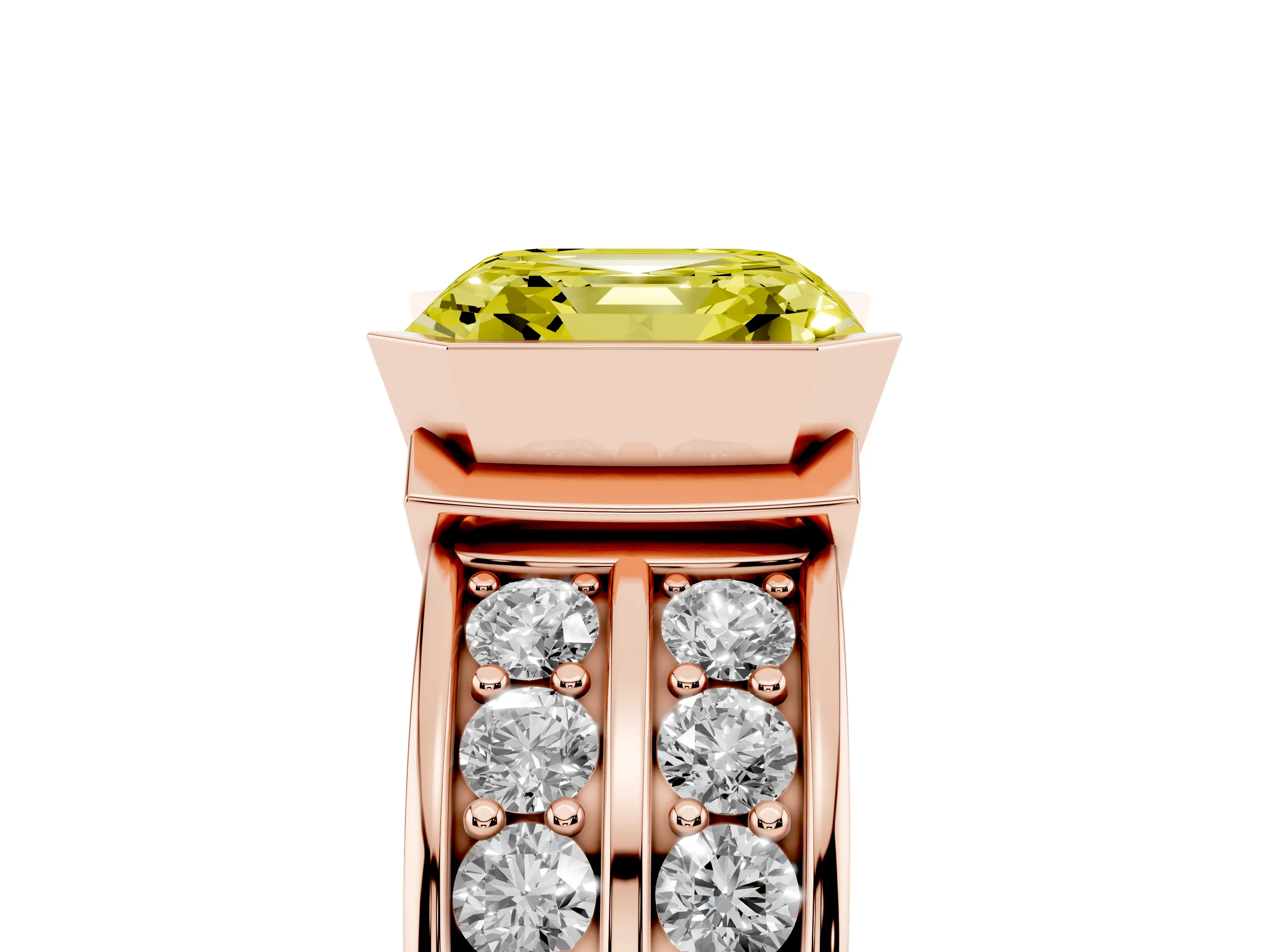 Fancy Yellow Asscher Cut Diamond Wide Channel Set Band Ring Set in Rose gold with Bezel Setting