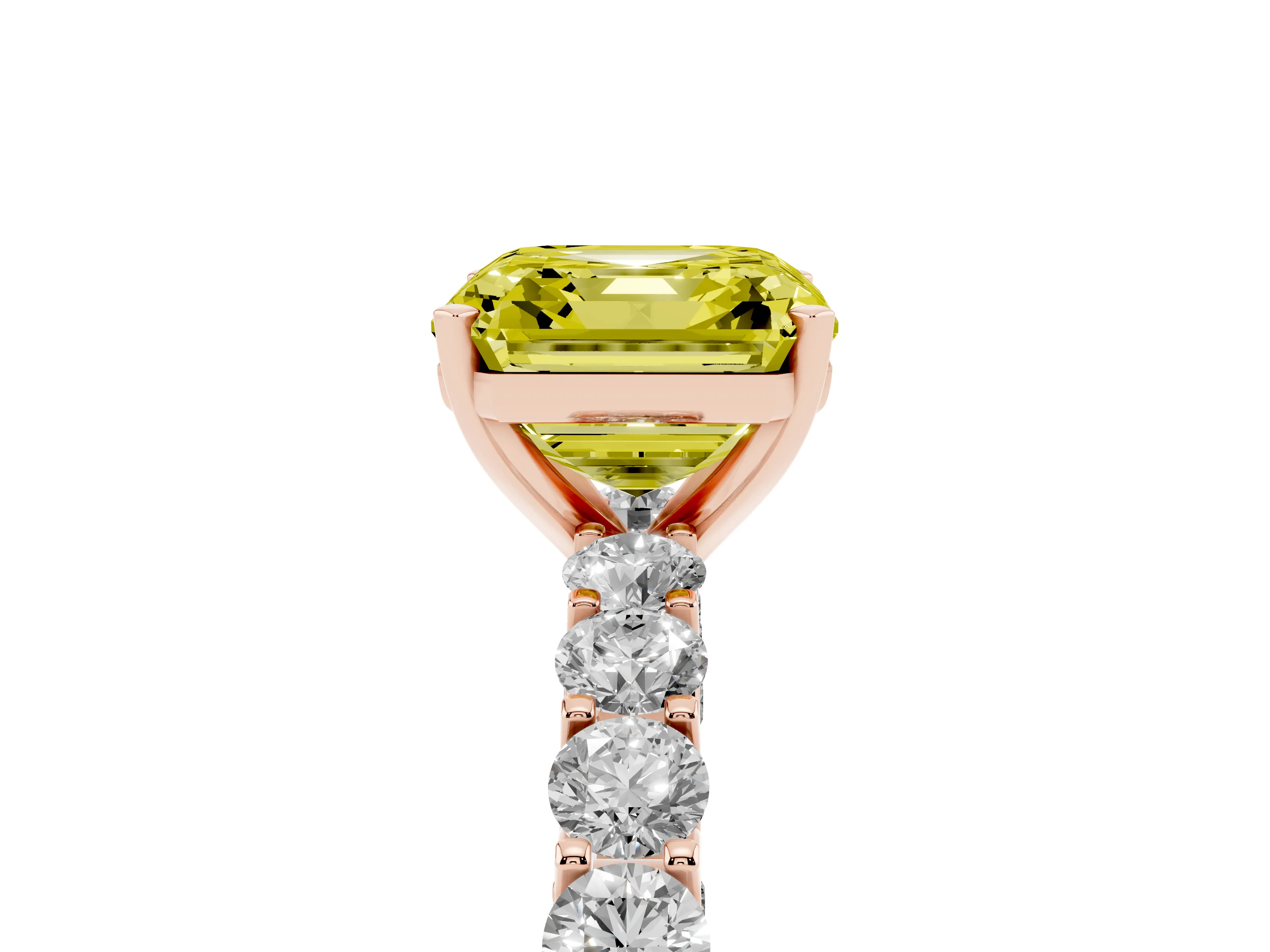 Fancy Yellow Asscher Cut Diamond Solitaire Ring Set in Rose gold with Shared Prong Pavé Band
