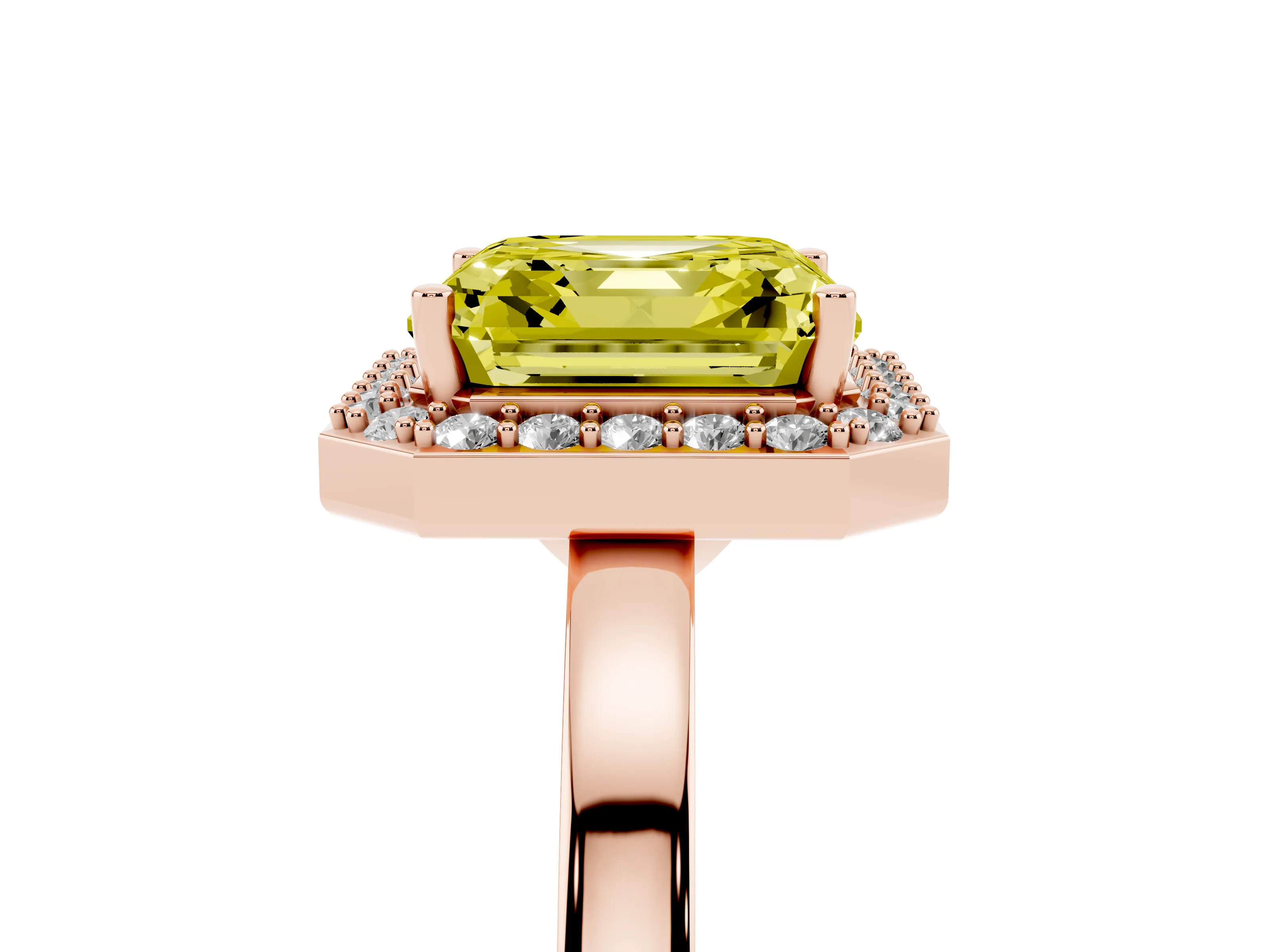Fancy Yellow Asscher Cut Diamond Halo Ring Set in Rose gold with Solitaire Band and Prong Setting