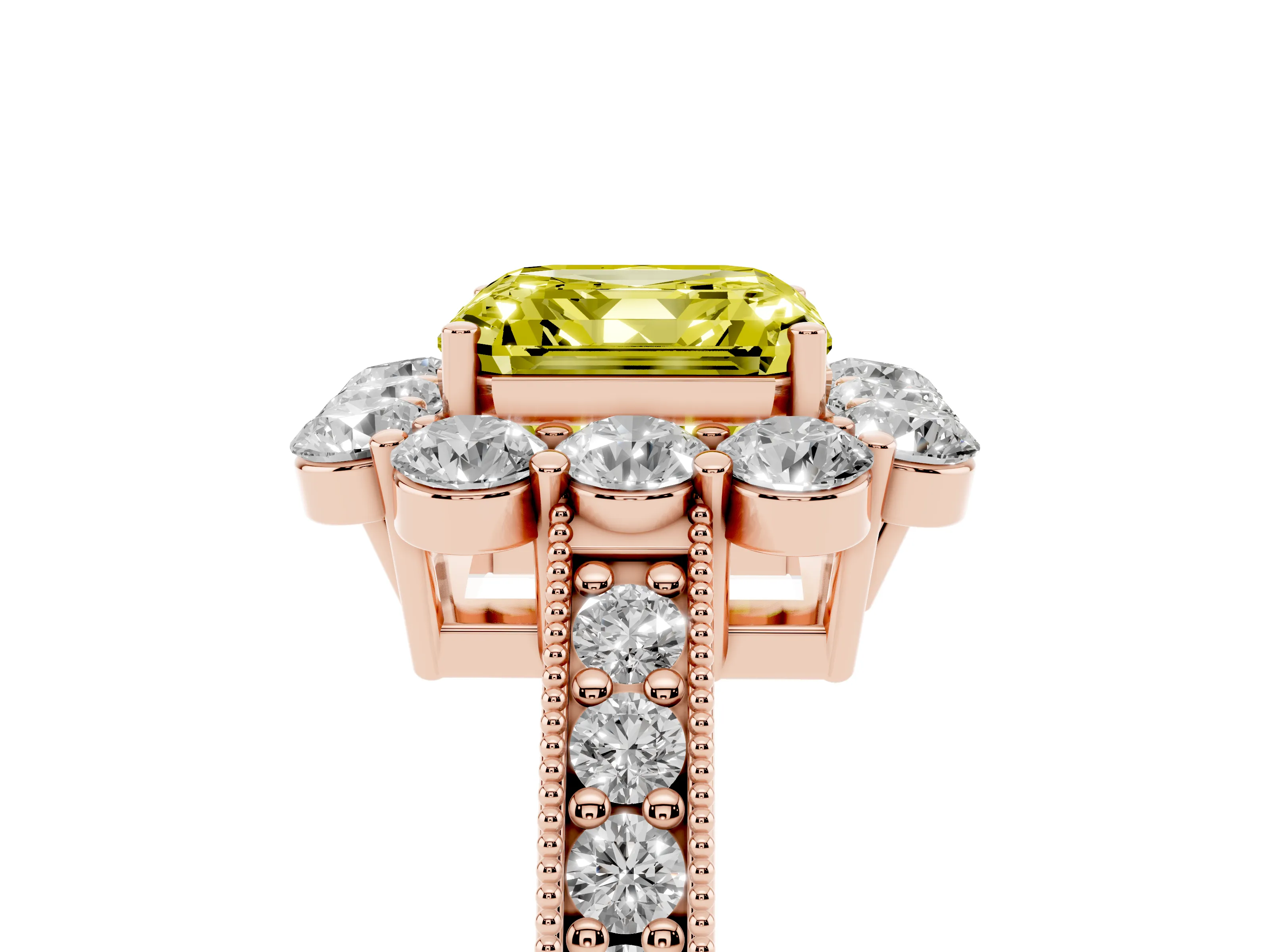 Fancy Yellow Asscher Cut Diamond Halo Pavé Engagement Ring Set in Rose gold with Milgrain Detailing