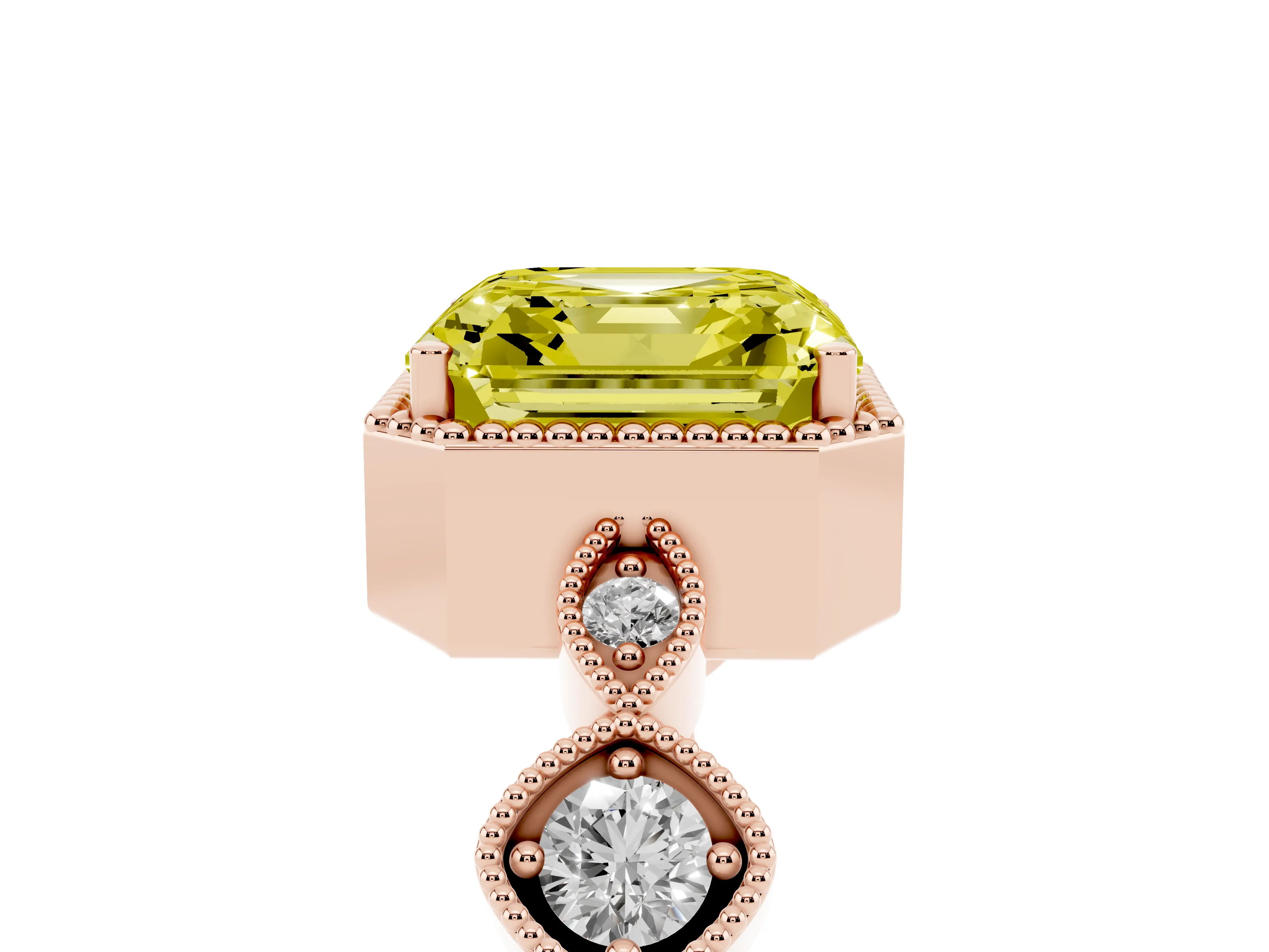 Fancy Yellow Asscher Cut Diamond Vintage-Inspired Milgrain Ring Set in Rose gold with Marquise Stations of Round Accents