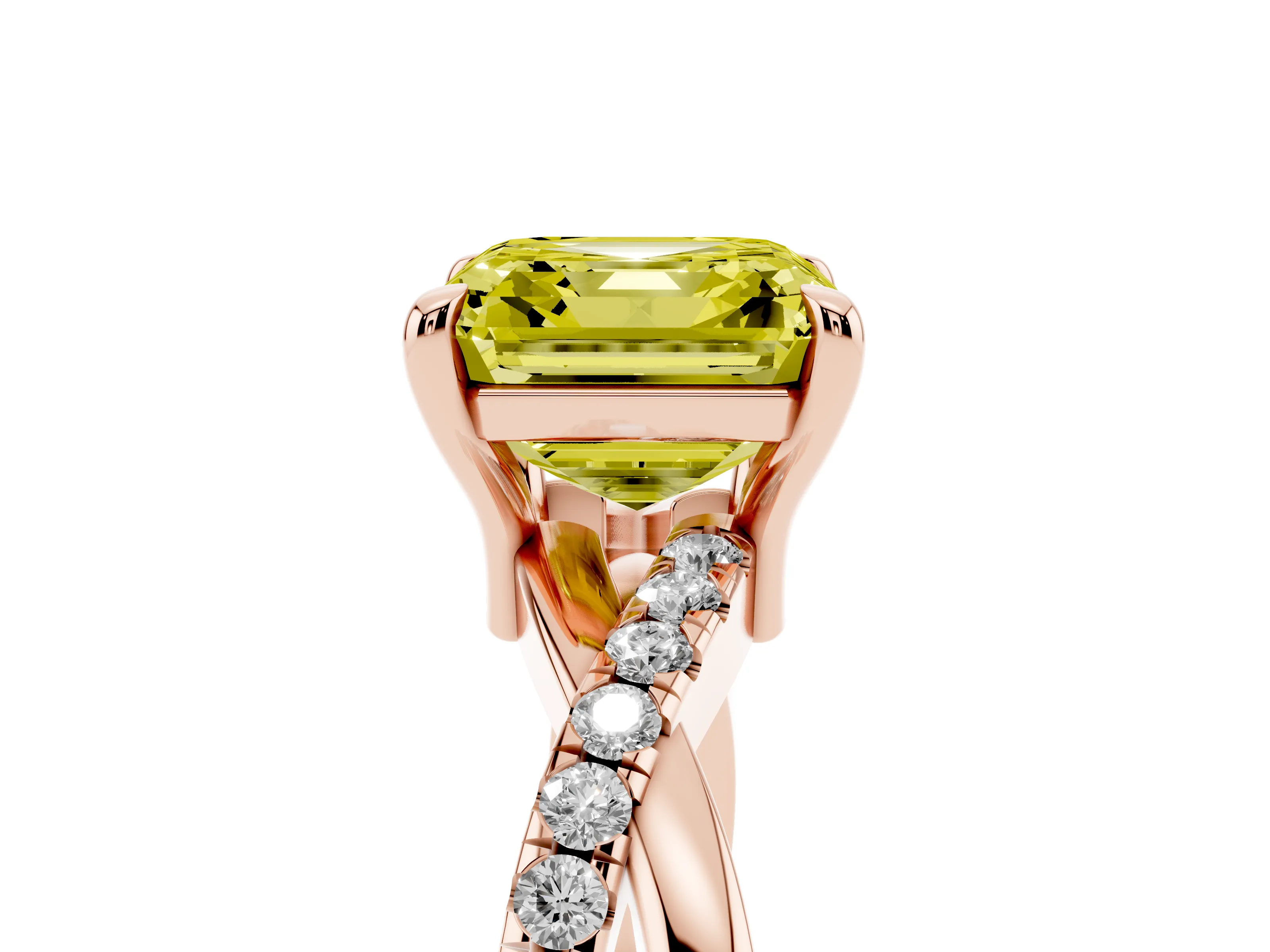 Fancy Yellow Asscher Cut Diamond Twist Band Pavé Solitaire Ring Set in Rose gold with Prong Setting