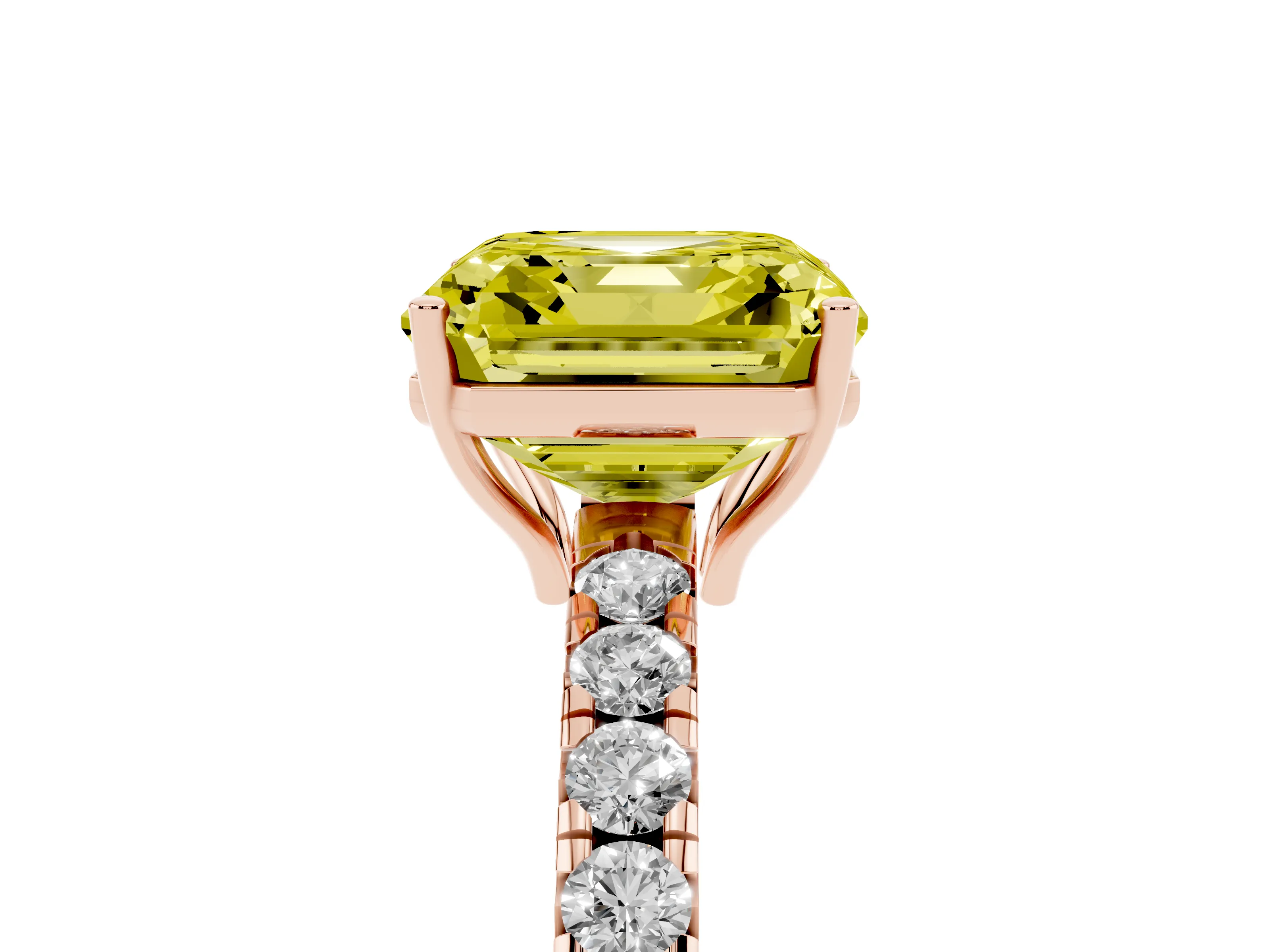Fancy Yellow Asscher Cut Diamond Pavé Solitaire Engagement Ring Set in Rose gold with Prong Setting