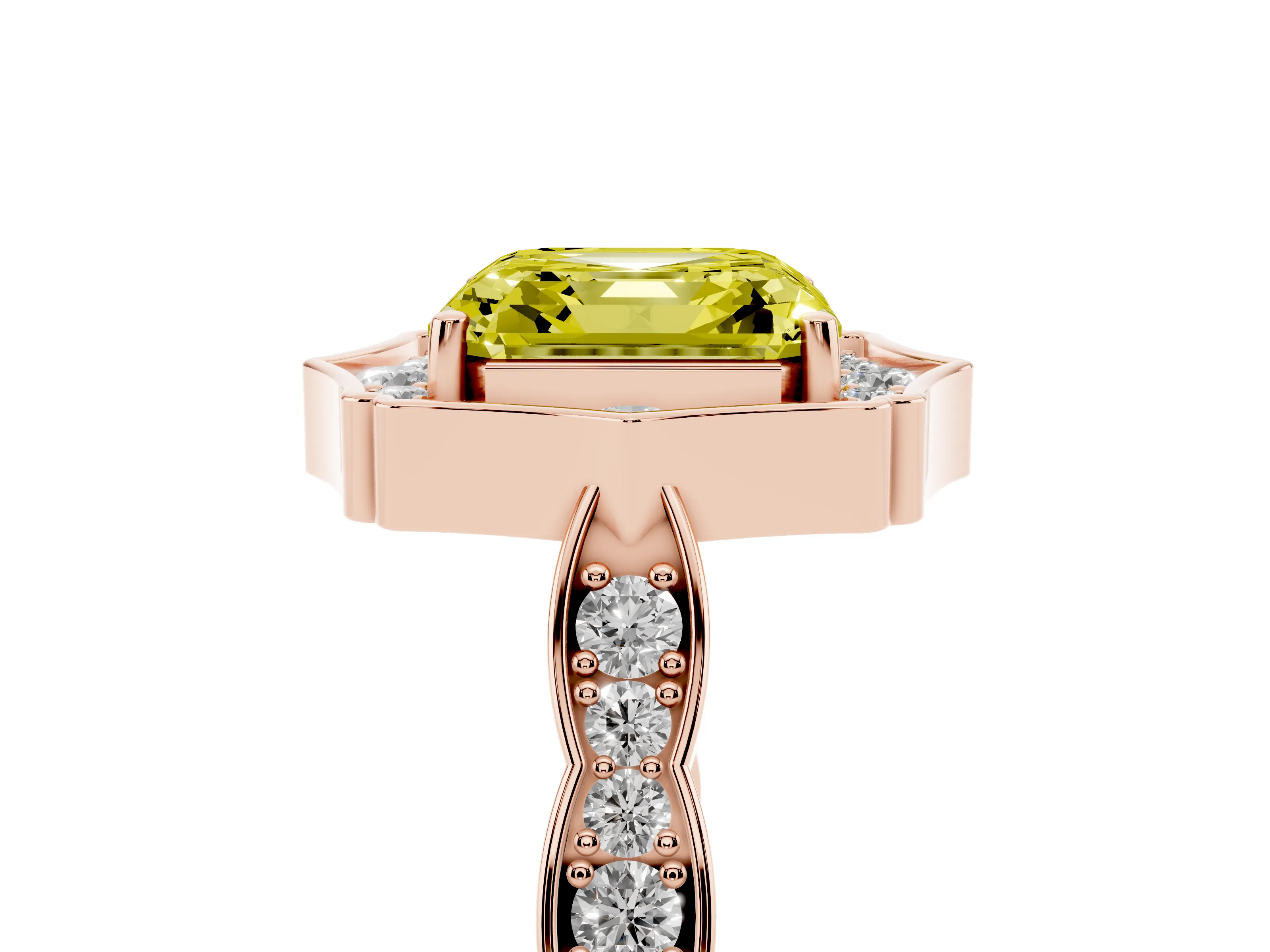 Fancy Yellow Asscher Cut Diamond Halo Engagement Ring Set in Rose gold with Milgrain Band and Prong Setting