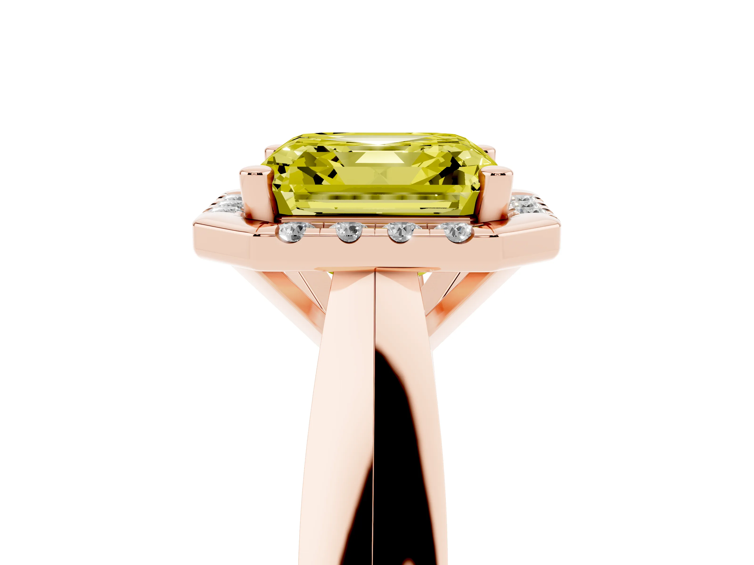 Fancy Yellow Asscher Cut Diamond Halo Solitaire Engagement Ring Set in Rose gold with Square Band and Prong Setting