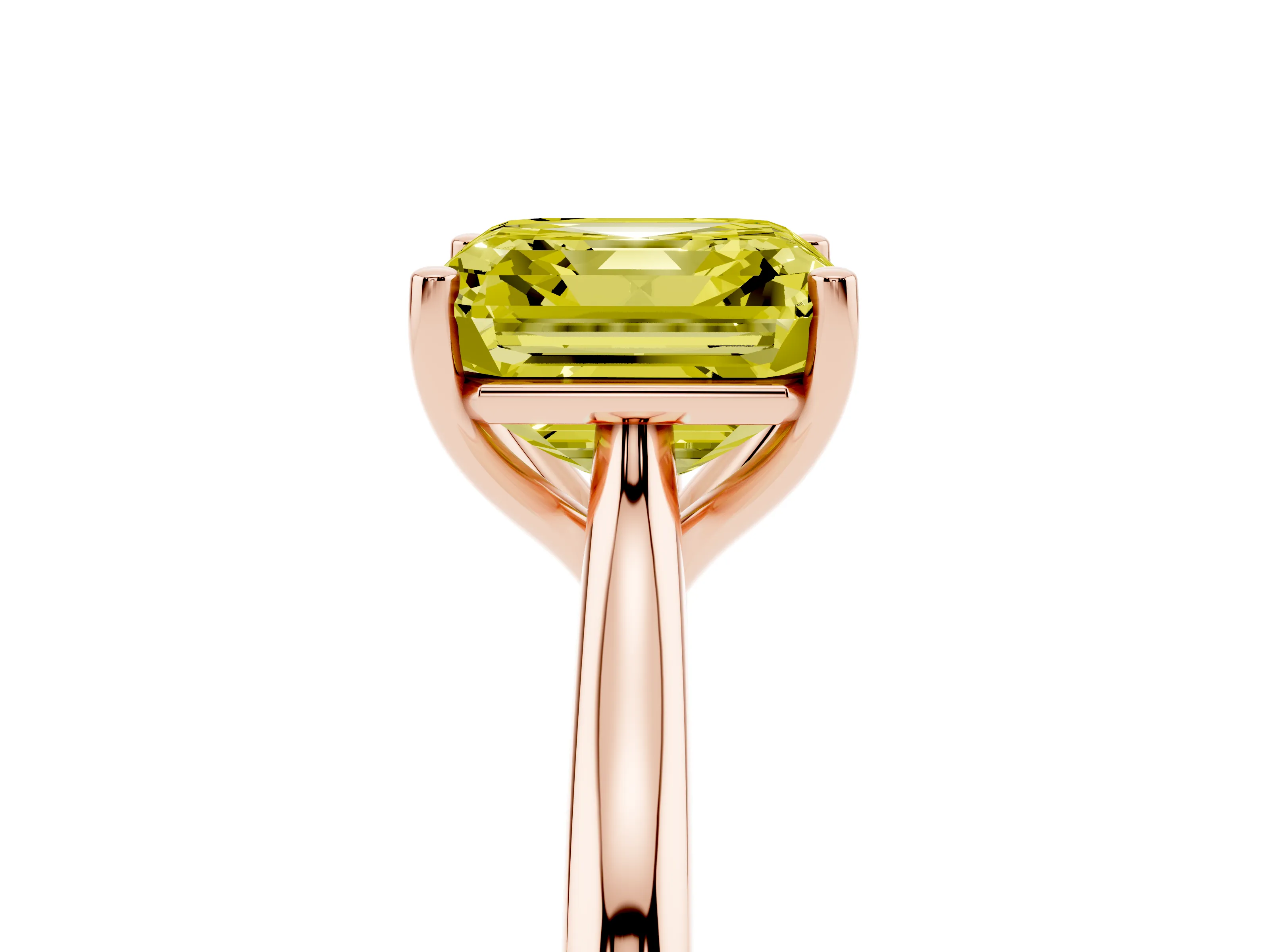 Fancy Yellow Asscher Cut Diamond Solitaire Ring Set in Rose gold with Cathedral Band and Prong Setting